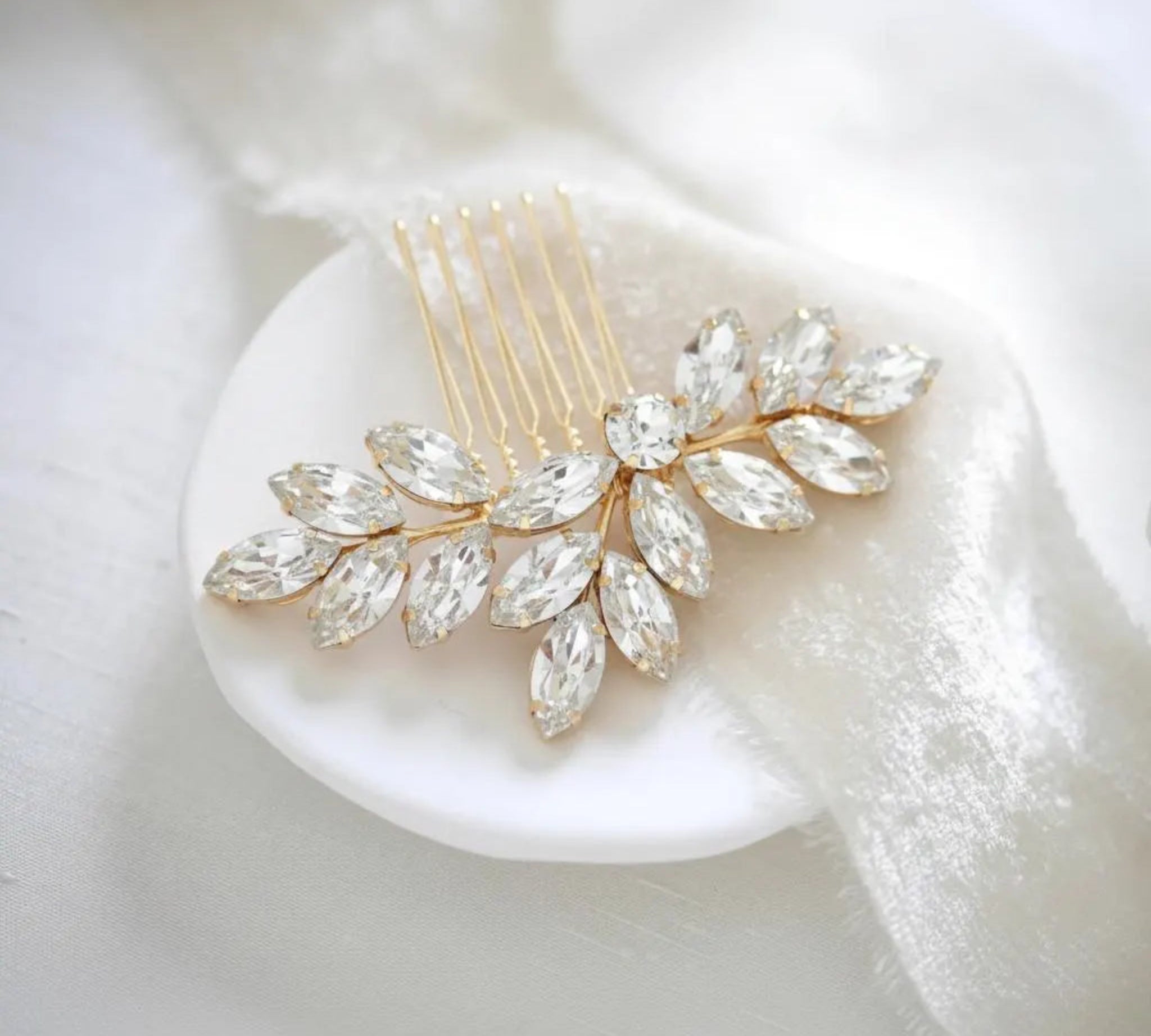 Juliette gold Swarovski crystal bridal hair comb with sparkling marquise crystal leaves by Treasures by Agnes.