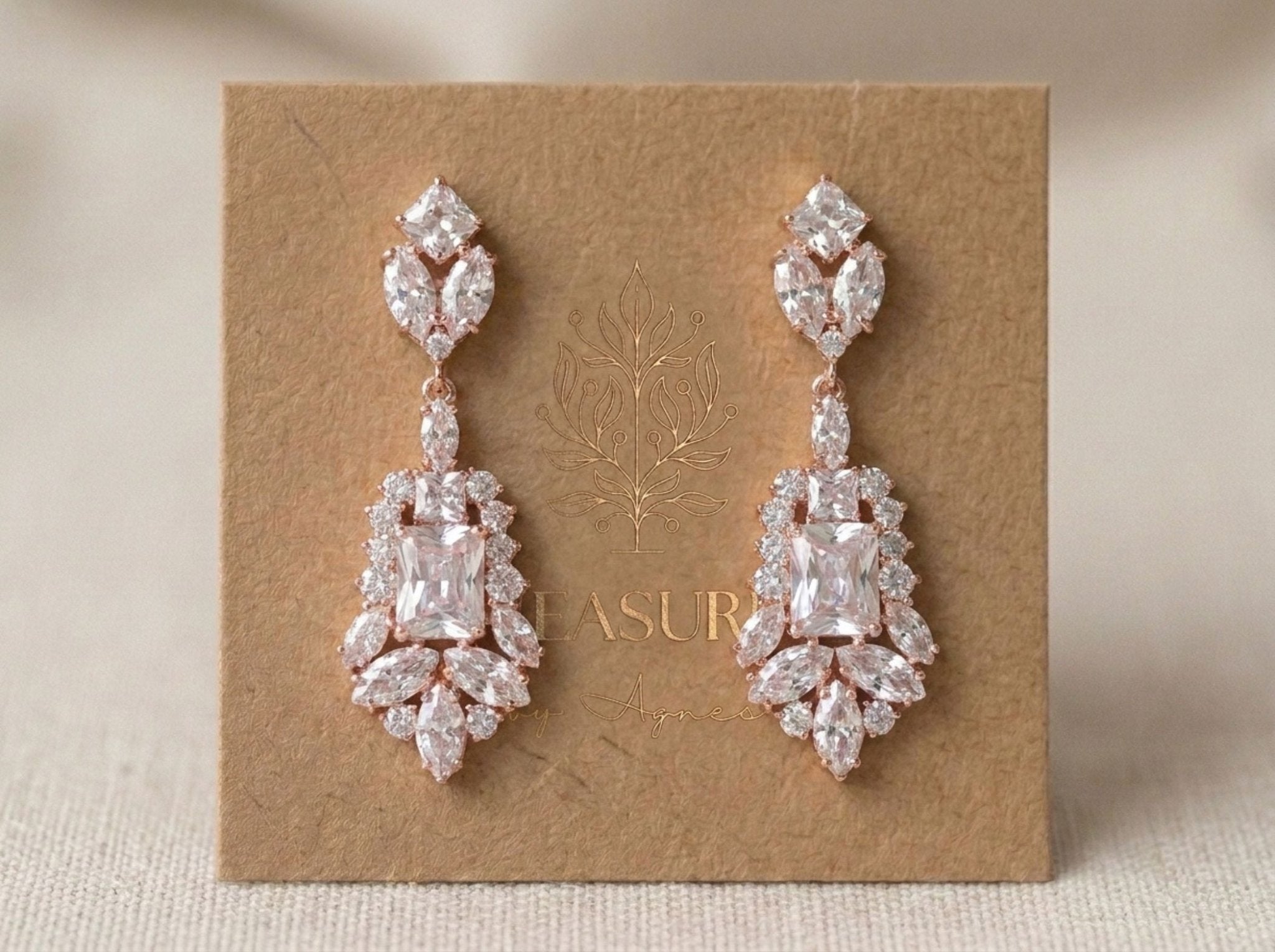 Jade Rose Gold Bridal Drop Earrings - Treasures by Agnes