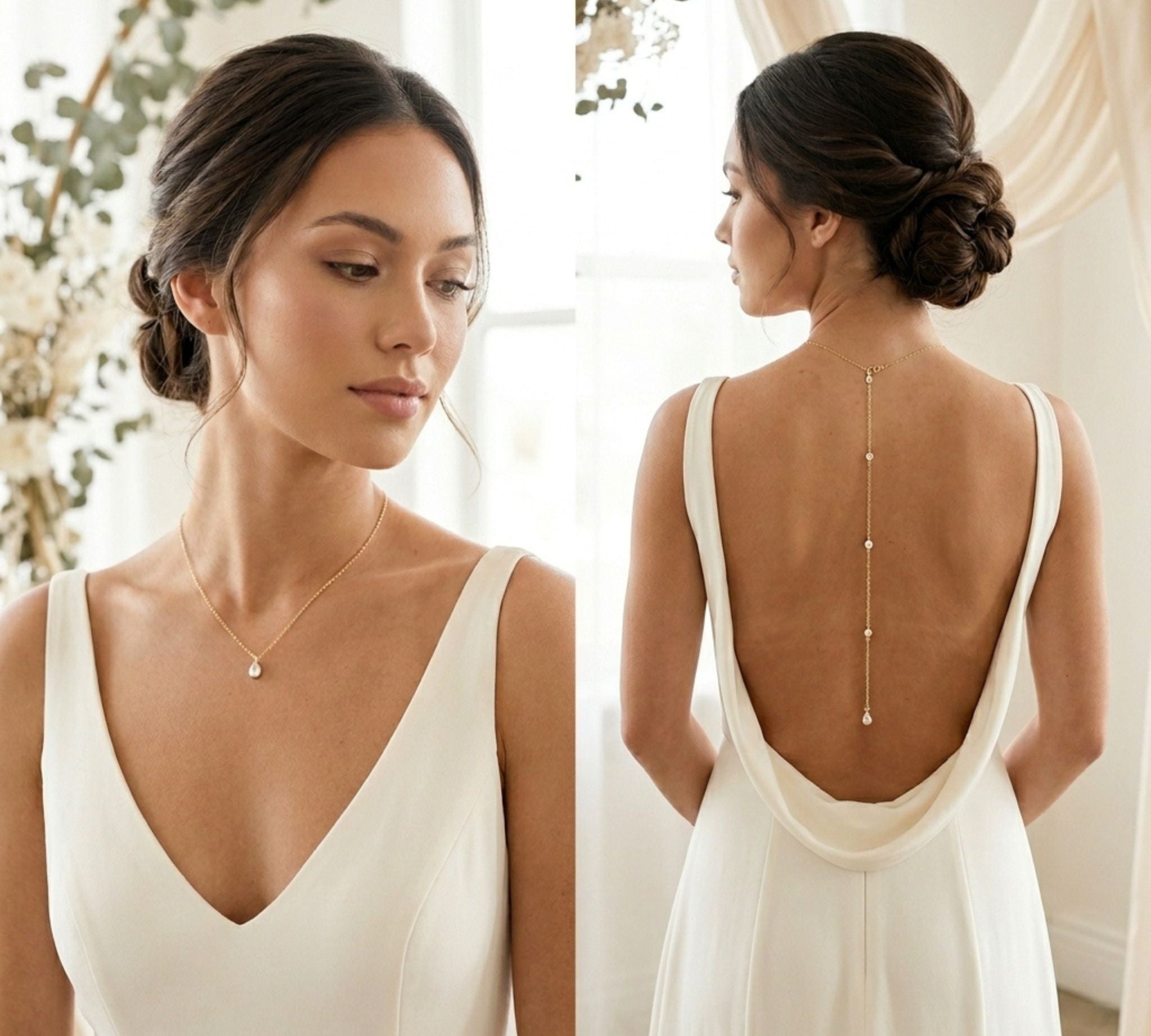 Khloe Bridal Backdrop Necklace for Bride – CZ Back Necklace with Gold Filled Chain - Treasures by Agnes