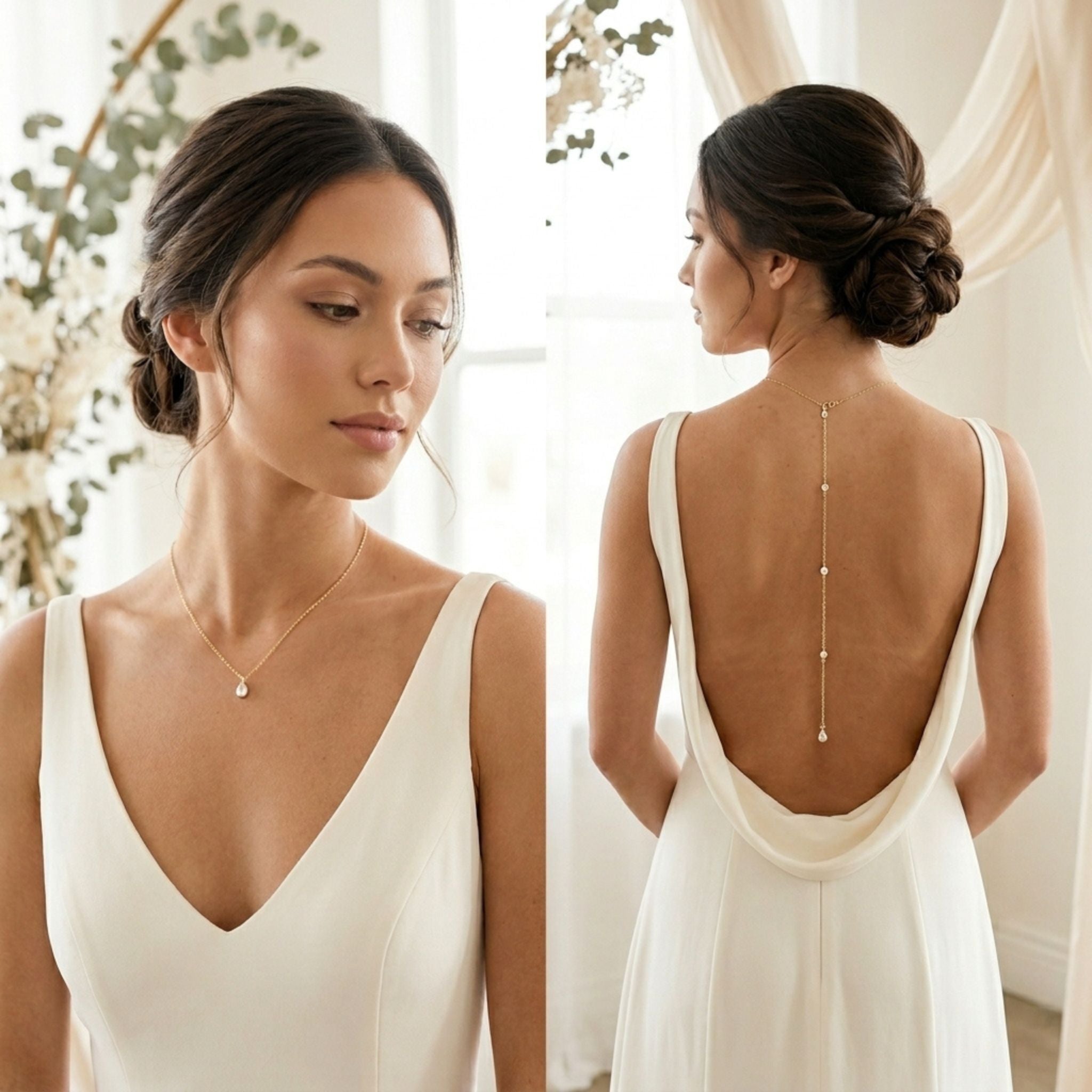 Khloe Bridal Backdrop Necklace for Bride – CZ Back Necklace with Gold Filled Chain - Treasures by Agnes