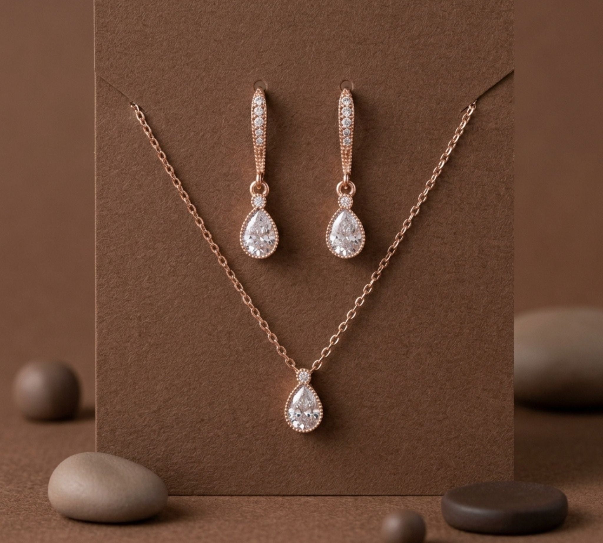 Khloe Necklace & Earrings Set – Rose Gold CZ Teardrop Bridal Jewelry Set - Treasures by Agnes