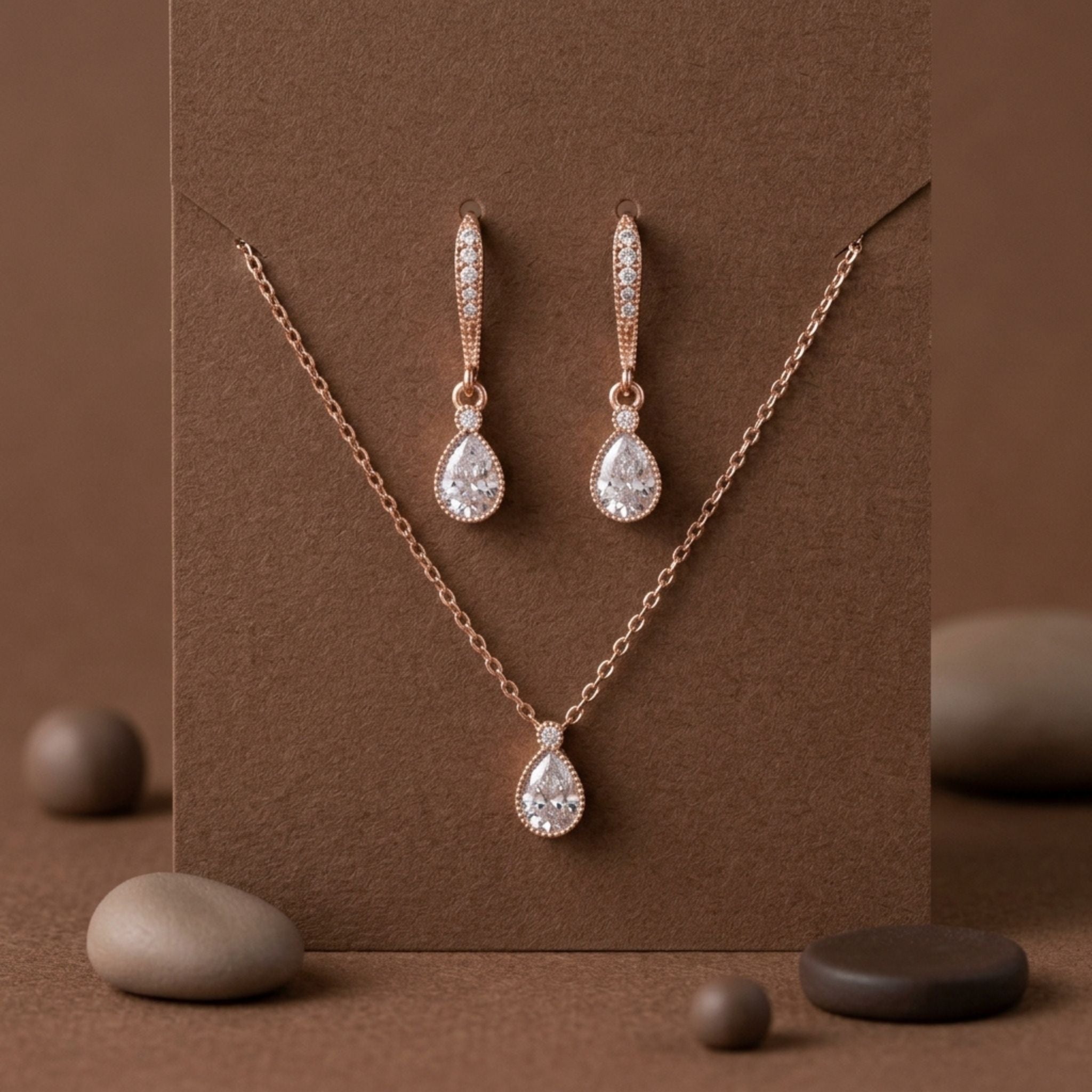 Khloe Necklace & Earrings Set – Rose Gold CZ Teardrop Bridal Jewelry Set - Treasures by Agnes