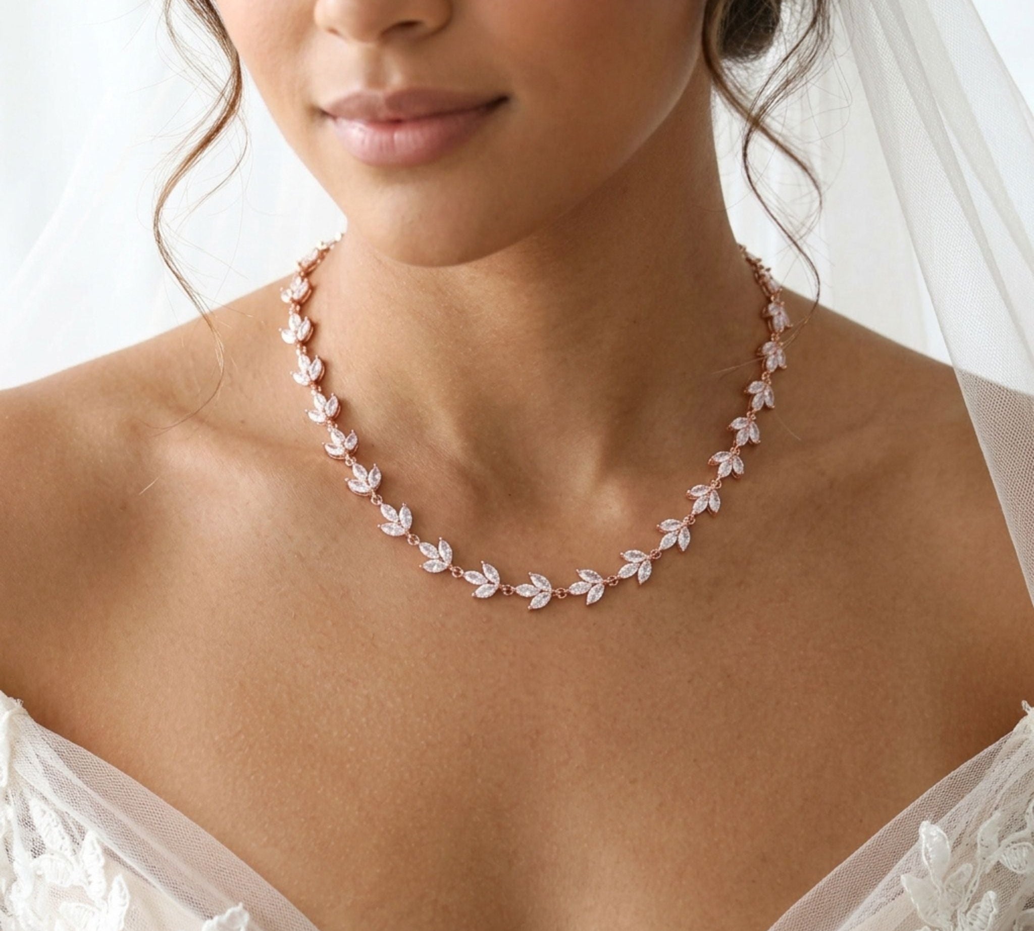 Lauren Bridal CZ Leaf Necklace - Treasures by Agnes