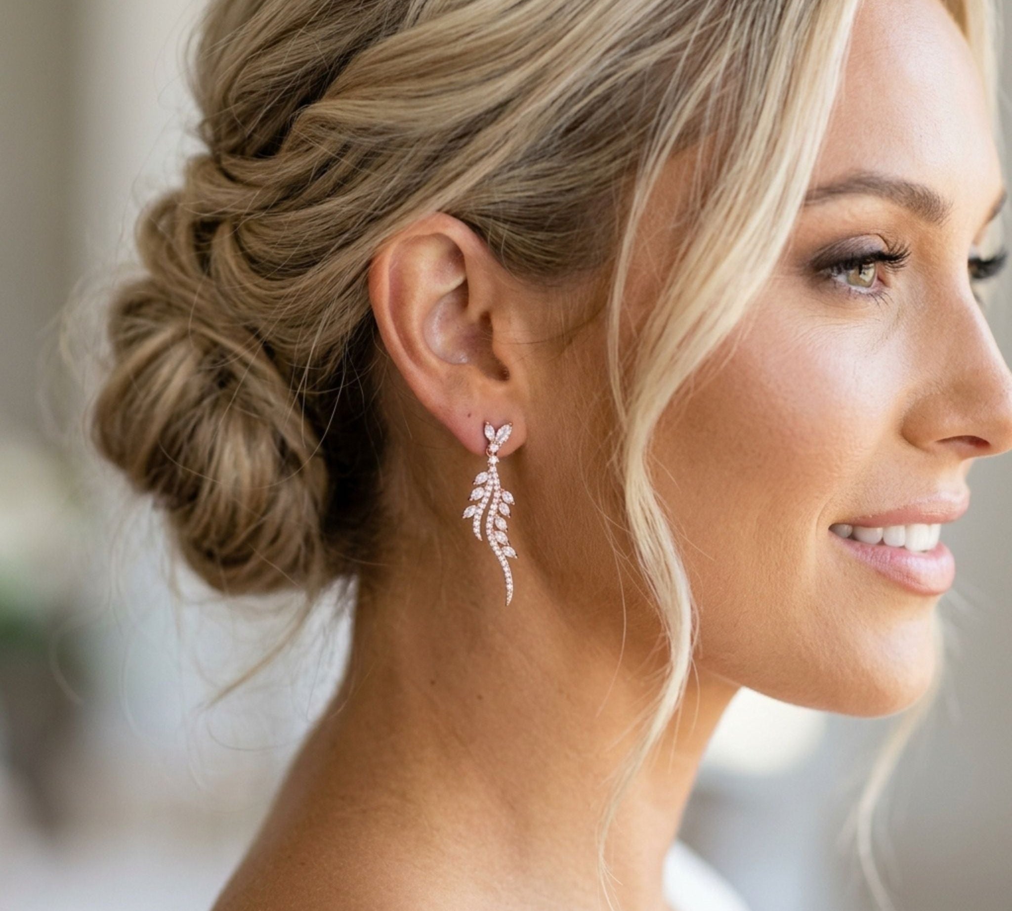 Leah CZ Leaf Drop Bridal Earrings - Treasures by Agnes