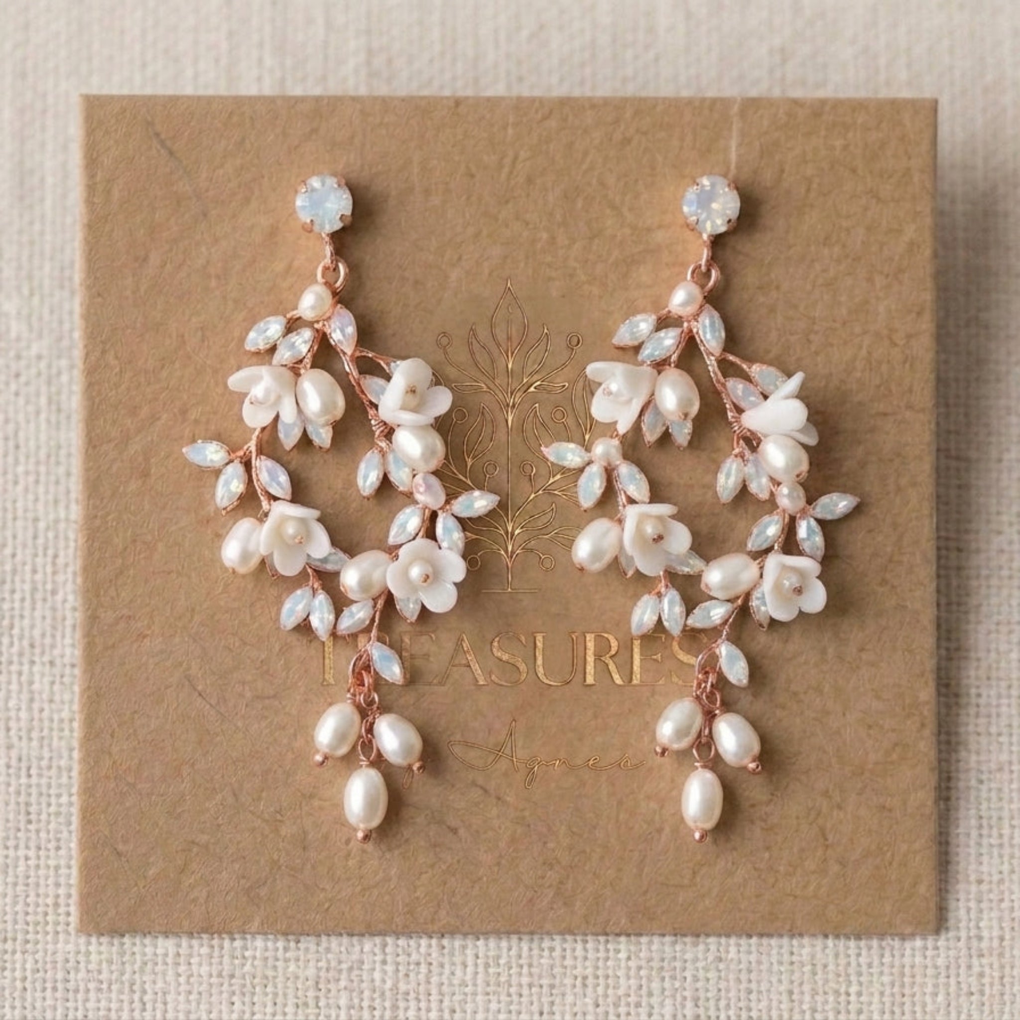 Lolita Gold Floral Swarovski Crystal & Pearl Bridal Earrings - Treasures by Agnes