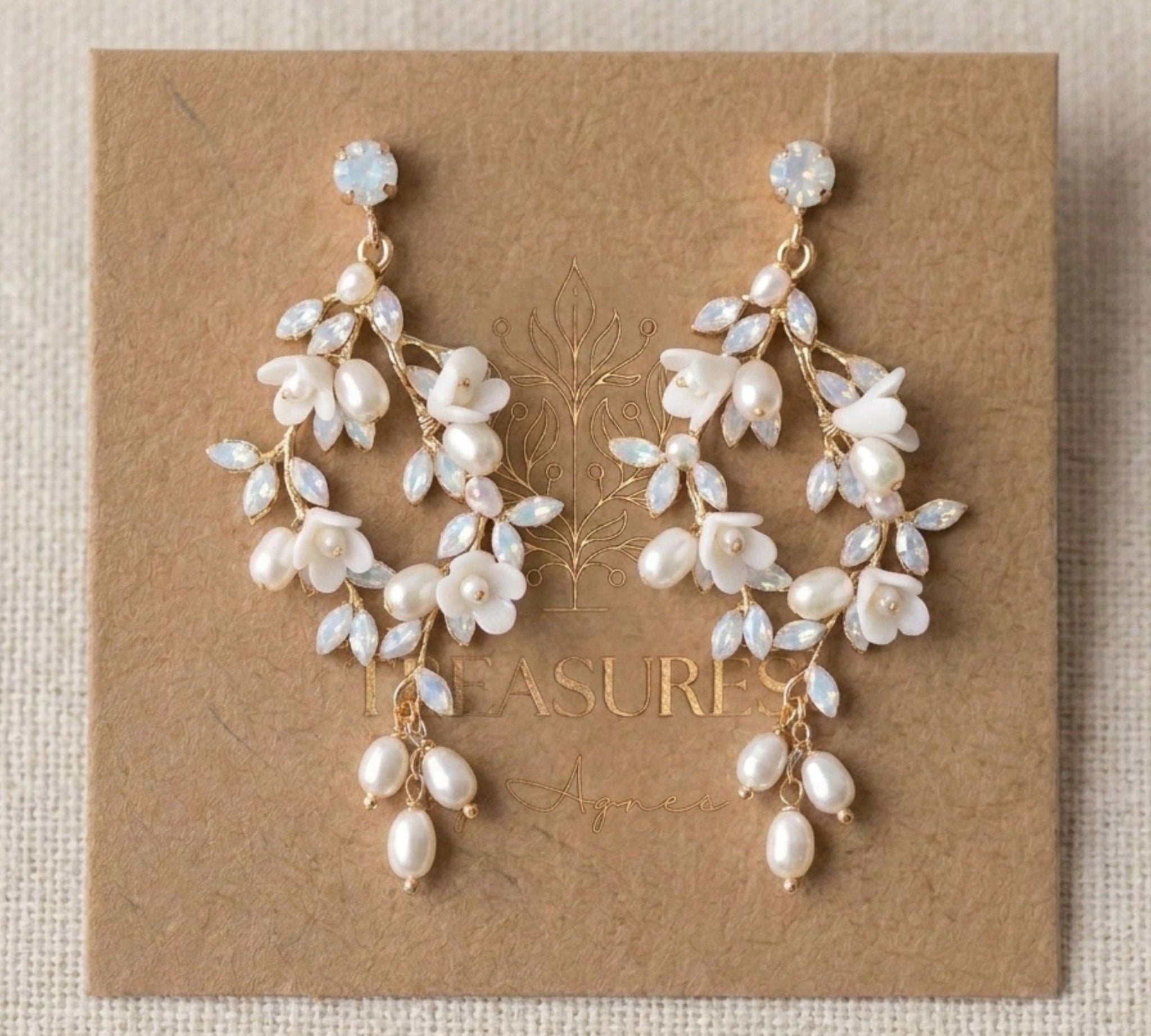 Lolita Gold Floral Swarovski Crystal & Pearl Bridal Earrings - Treasures by Agnes