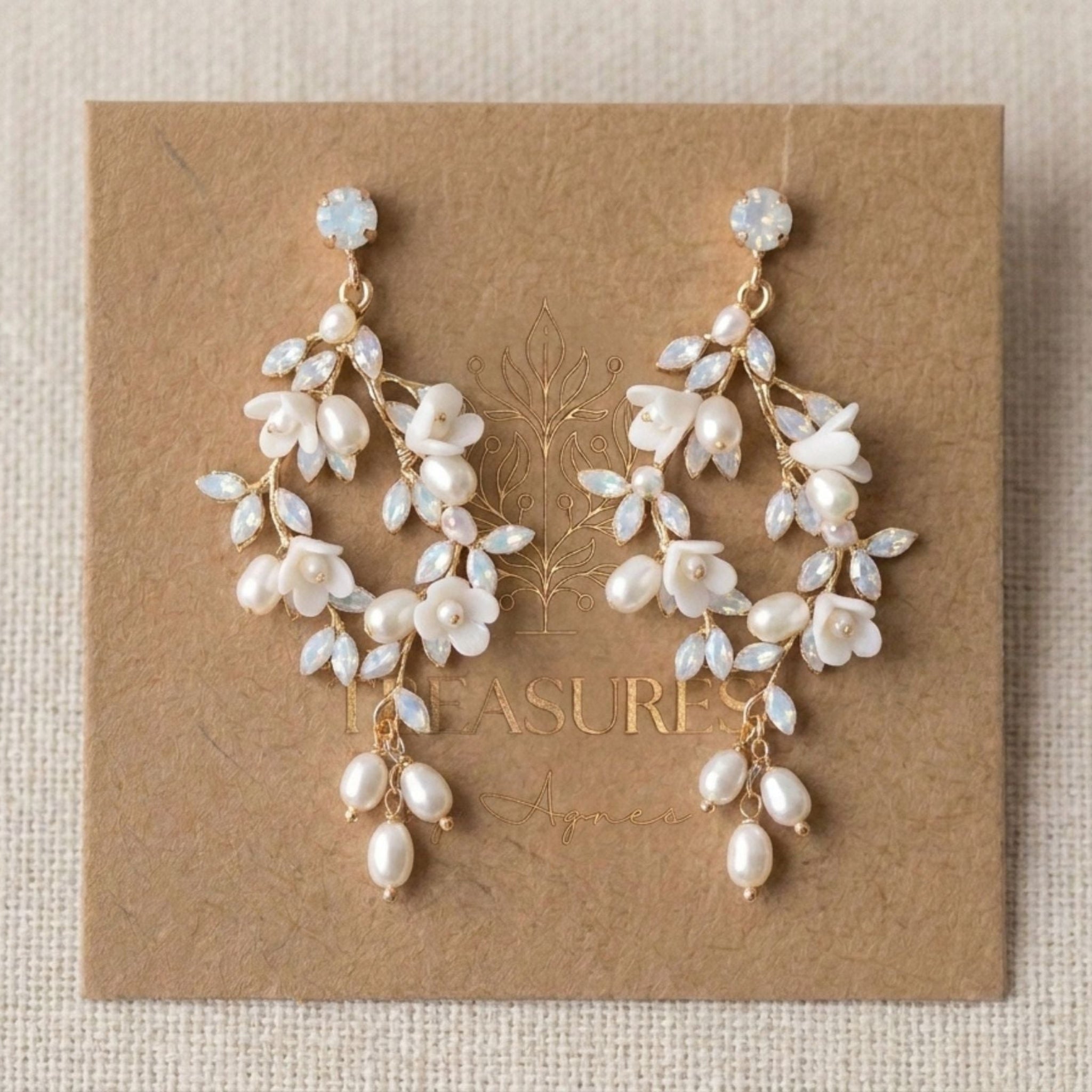 Lolita Gold Floral Swarovski Crystal & Pearl Bridal Earrings - Treasures by Agnes