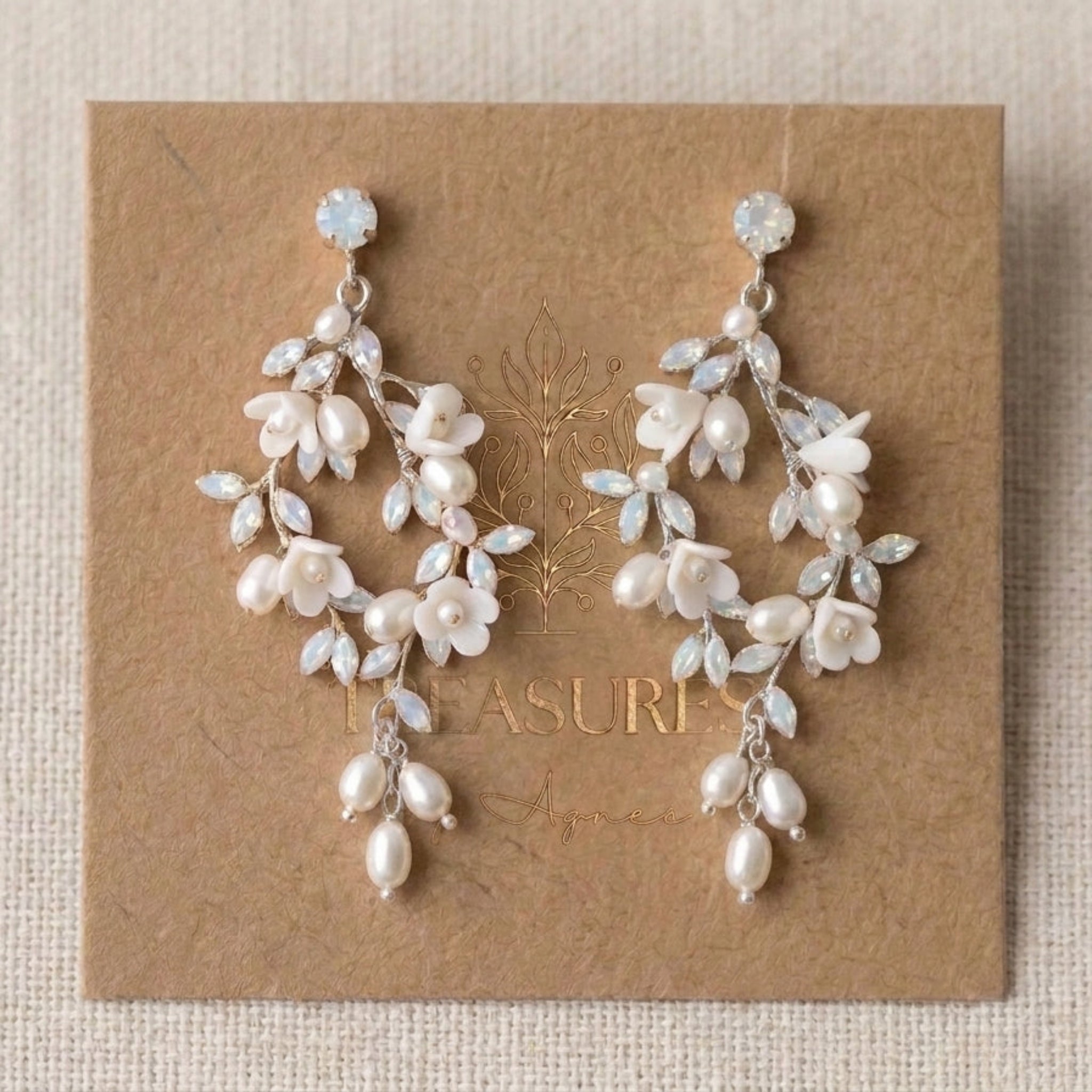 Lolita Gold Floral Swarovski Crystal & Pearl Bridal Earrings - Treasures by Agnes