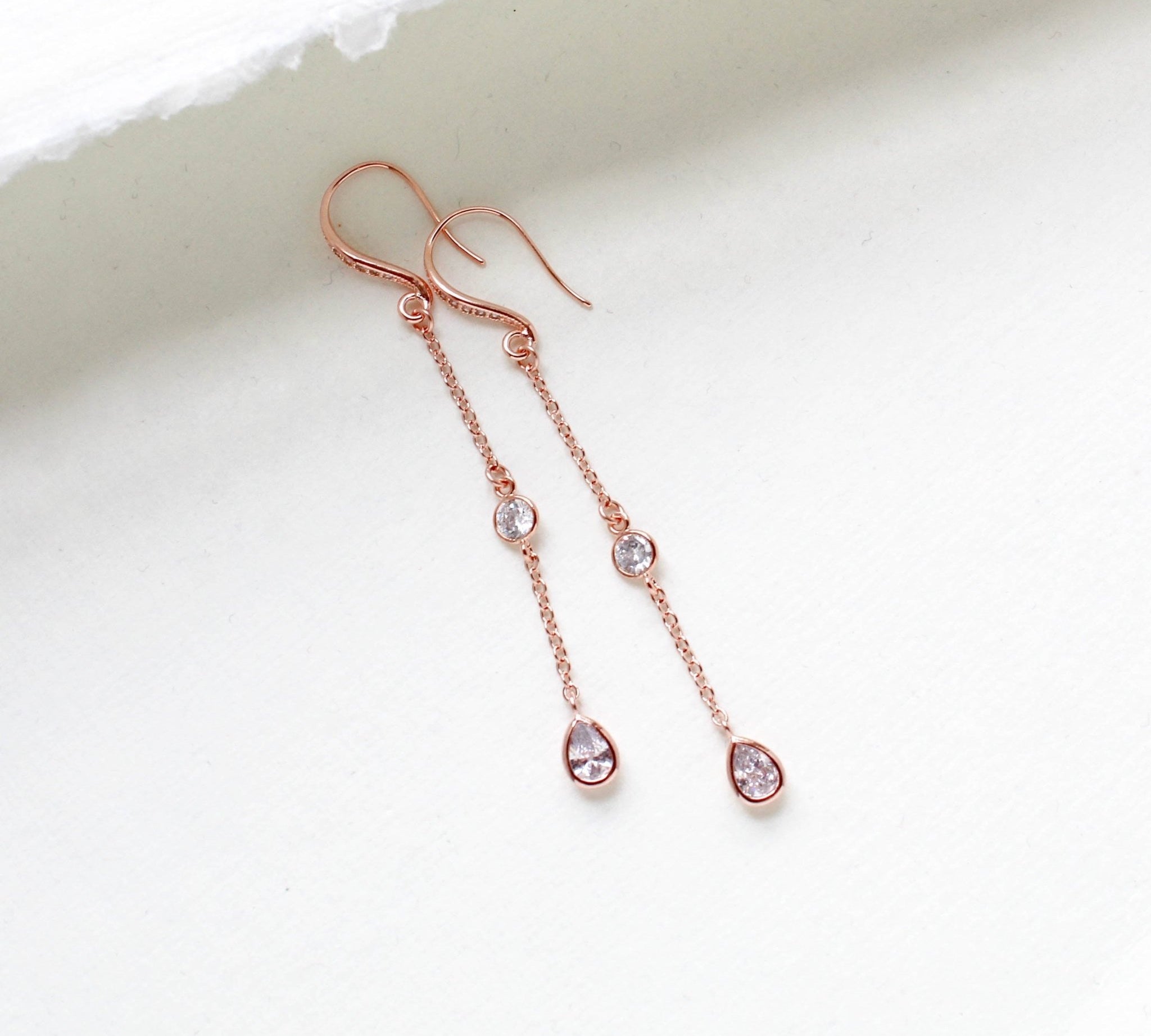 Long Dainty Rose gold CZ earrings for bride - KAYLA - Treasures by Agnes