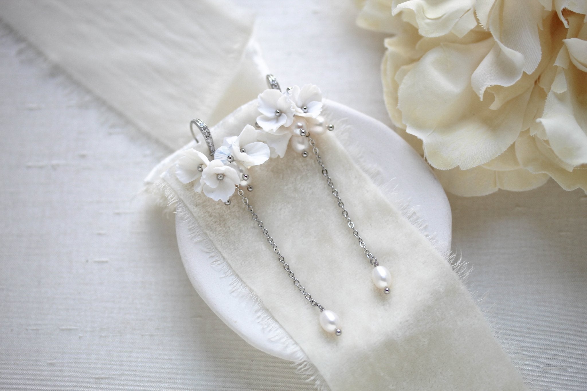Long floral cluster bridal earrings - MEADOW - Treasures by Agnes