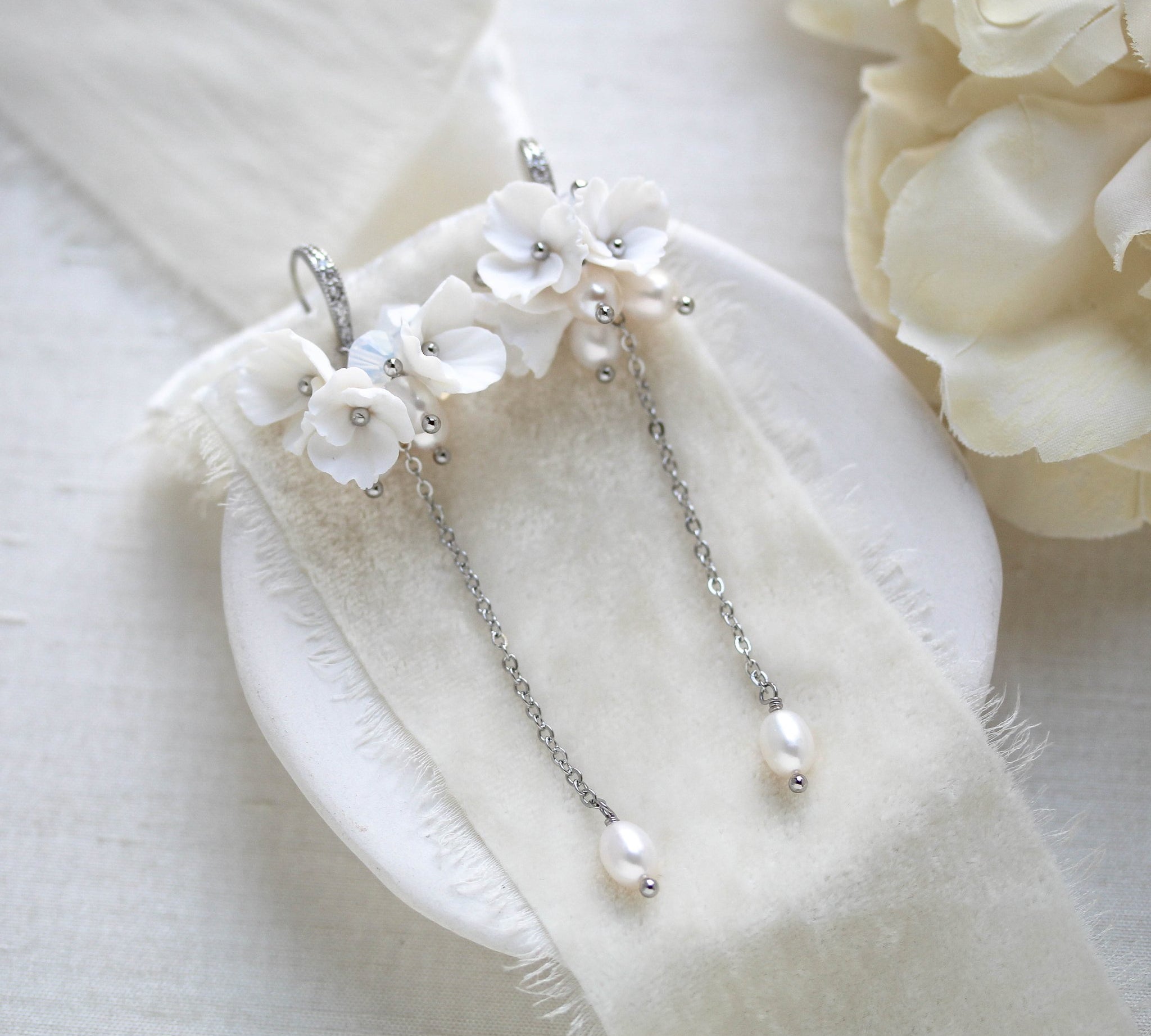 Long floral cluster bridal earrings - MEADOW - Treasures by Agnes