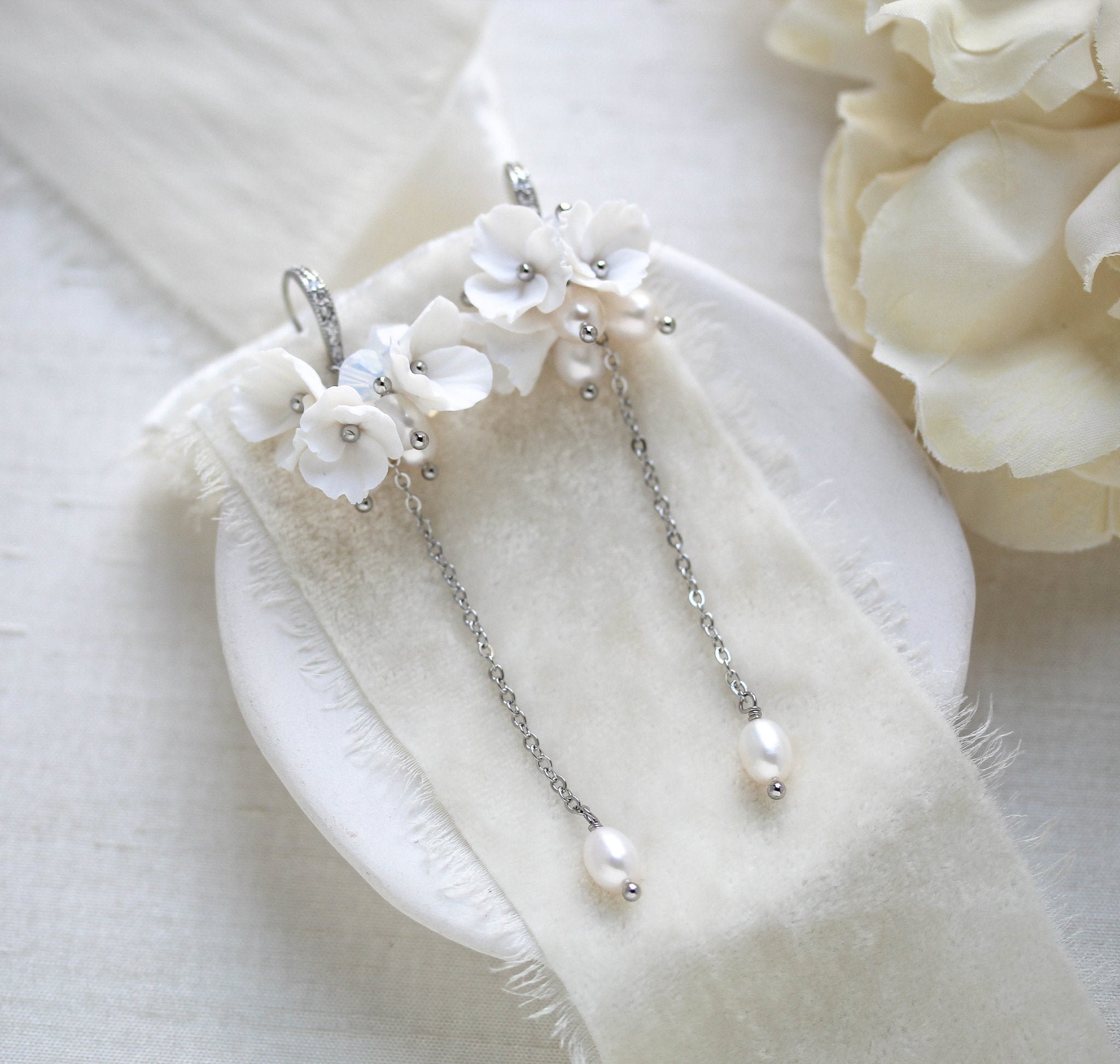 Long floral cluster bridal earrings - MEADOW - Treasures by Agnes