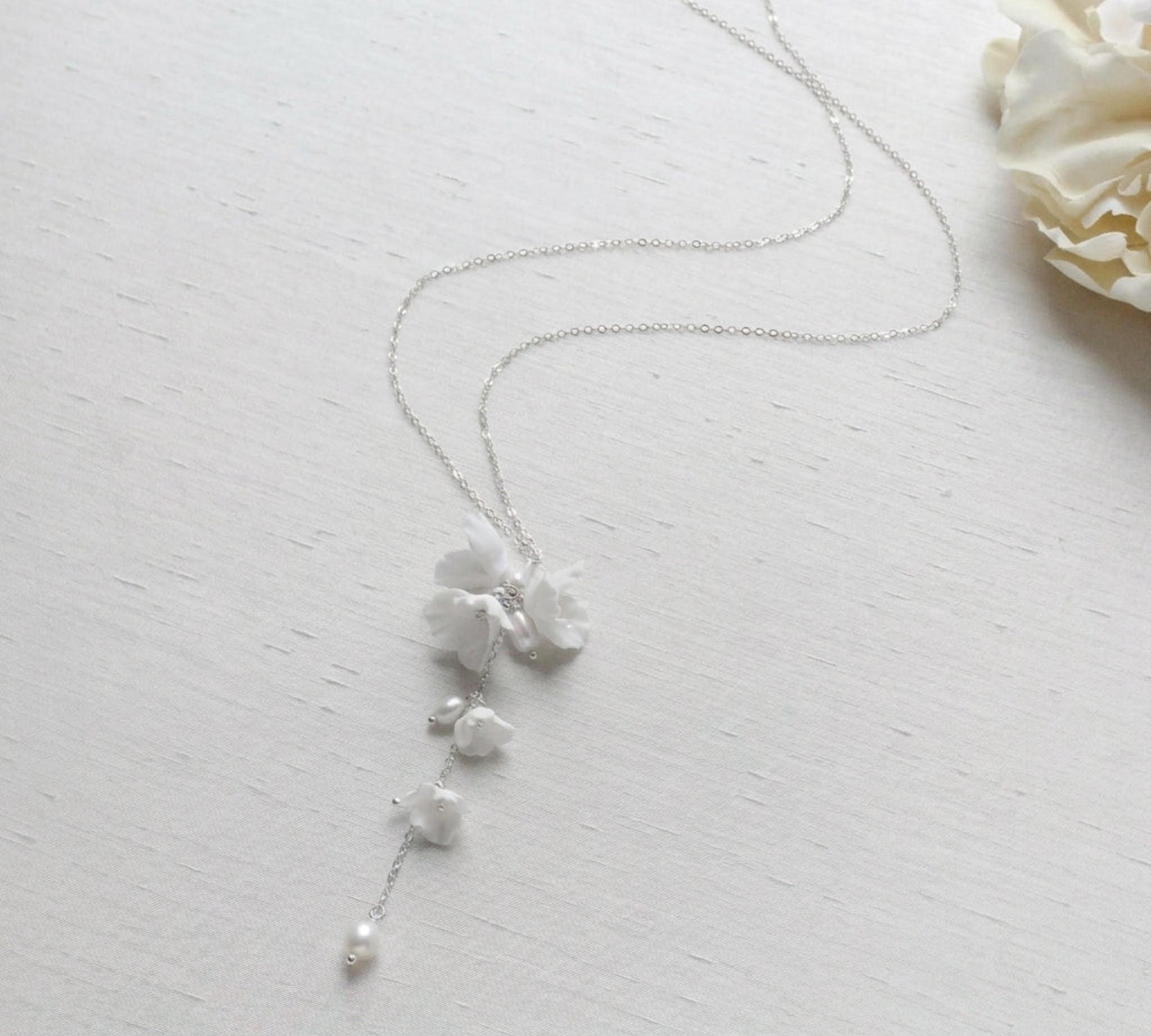 Meadow Floral Backdrop Necklace – Gold Filled Real Pearl Bridal Back Necklace - Treasures by Agnes