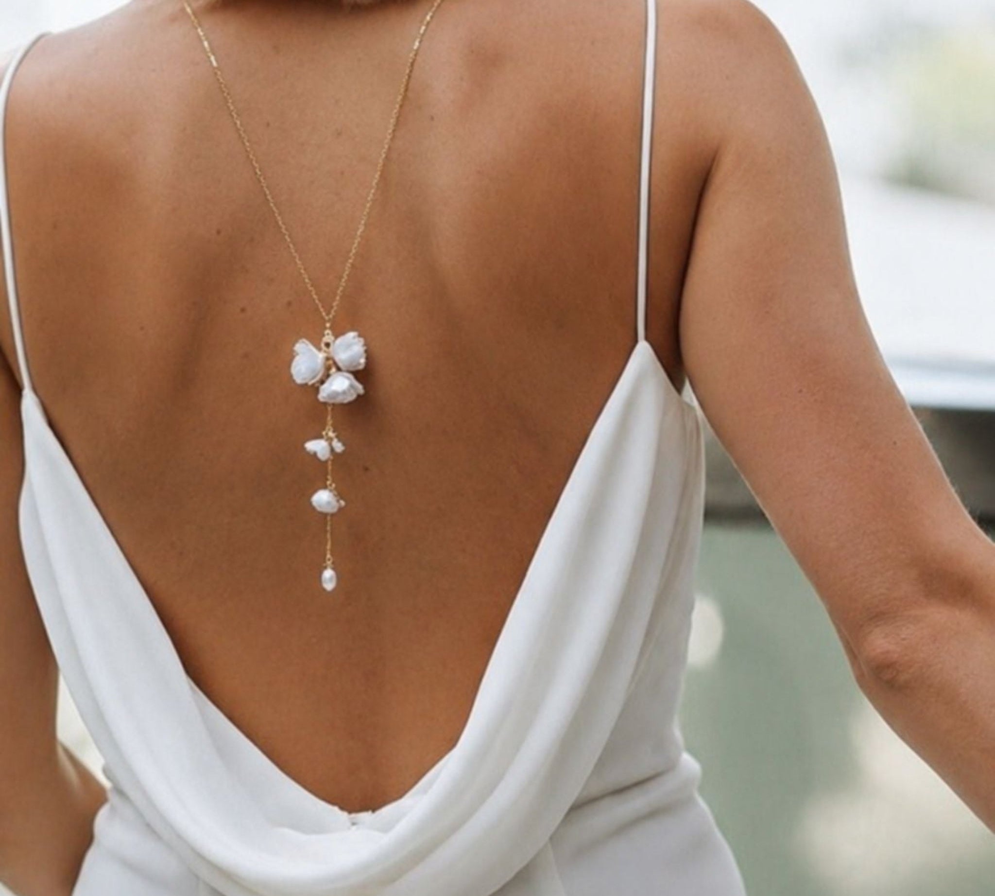Meadow Floral Backdrop Necklace – Gold Filled Real Pearl Bridal Back Necklace - Treasures by Agnes