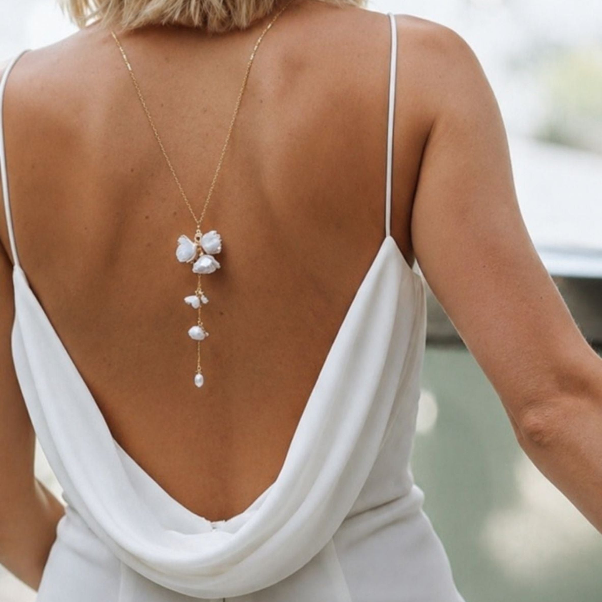Meadow Floral Backdrop Necklace – Gold Filled Real Pearl Bridal Back Necklace - Treasures by Agnes