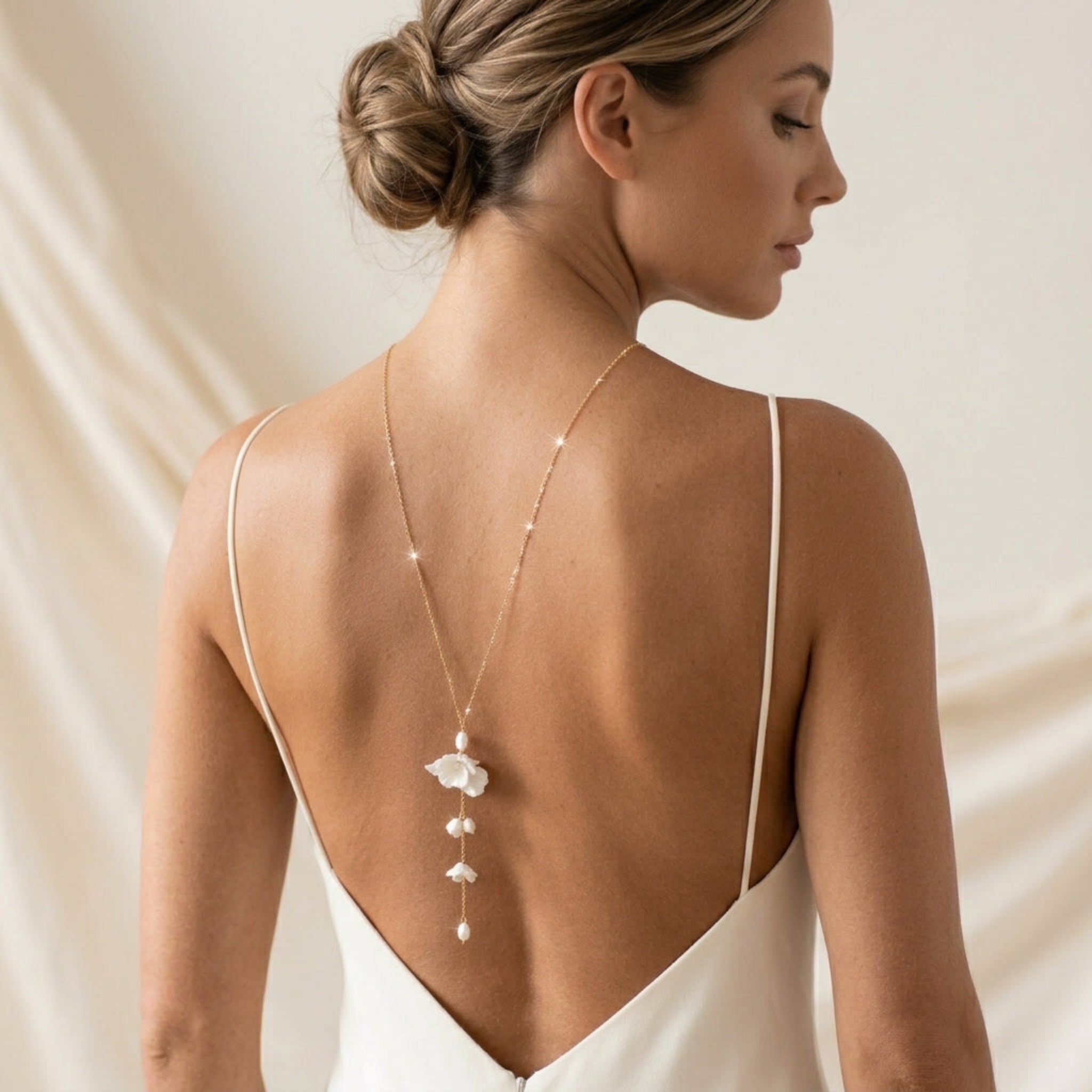 Meadow Floral Backdrop Necklace – Gold Filled Real Pearl Bridal Back Necklace - Treasures by Agnes