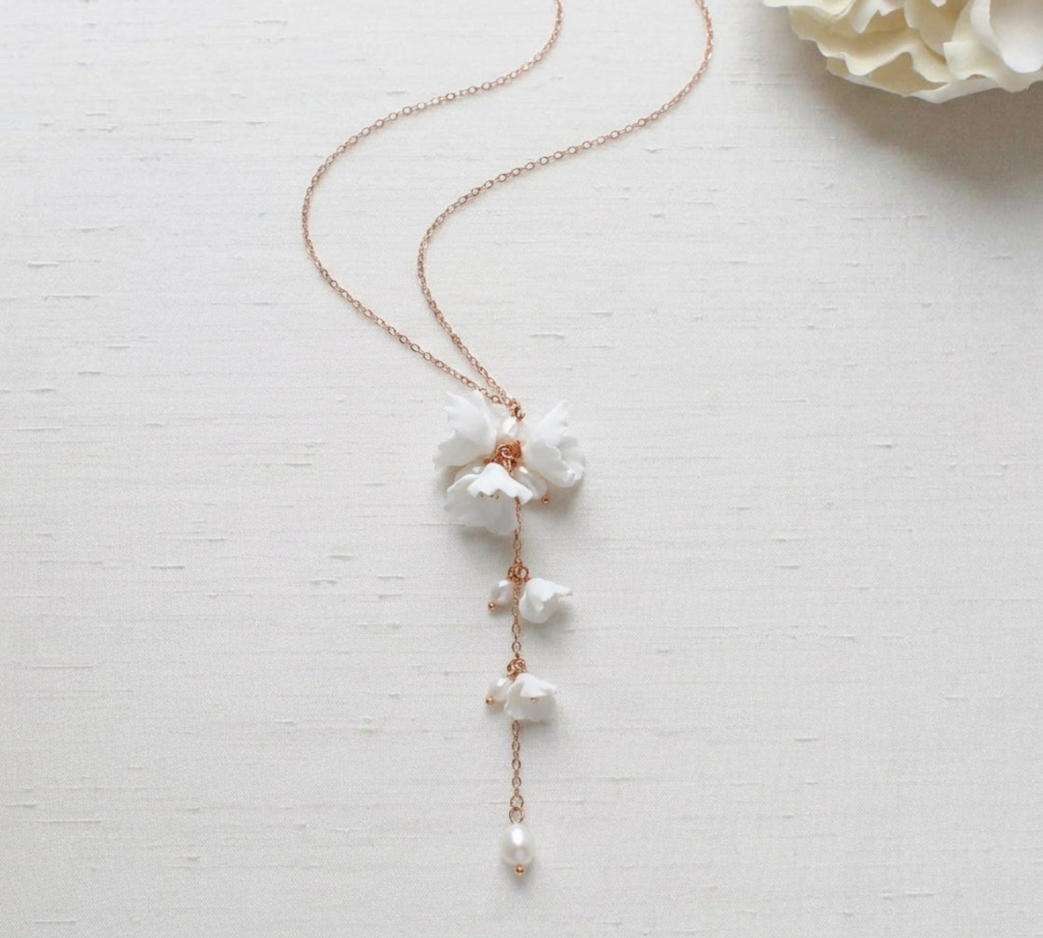 Meadow Floral Backdrop Necklace – Gold Filled Real Pearl Bridal Back Necklace - Treasures by Agnes