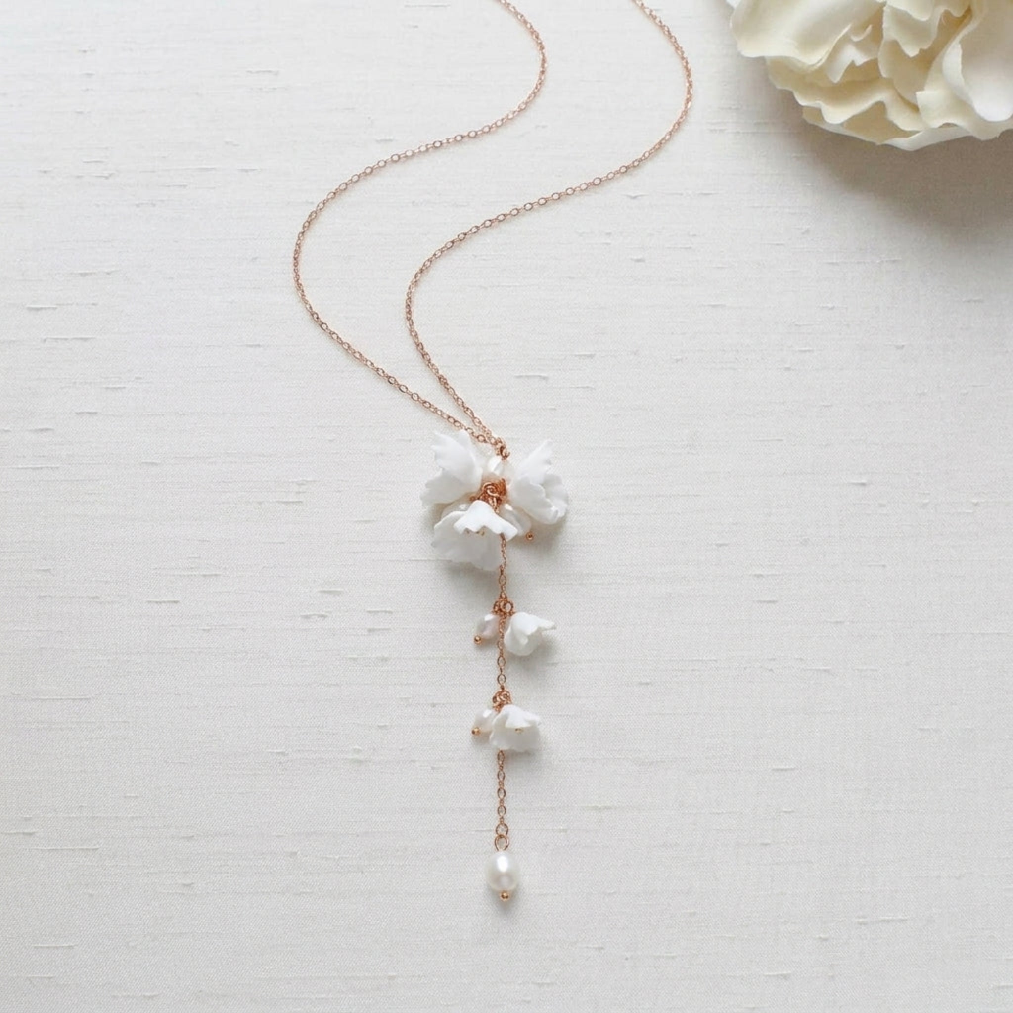 Meadow Floral Backdrop Necklace – Gold Filled Real Pearl Bridal Back Necklace - Treasures by Agnes