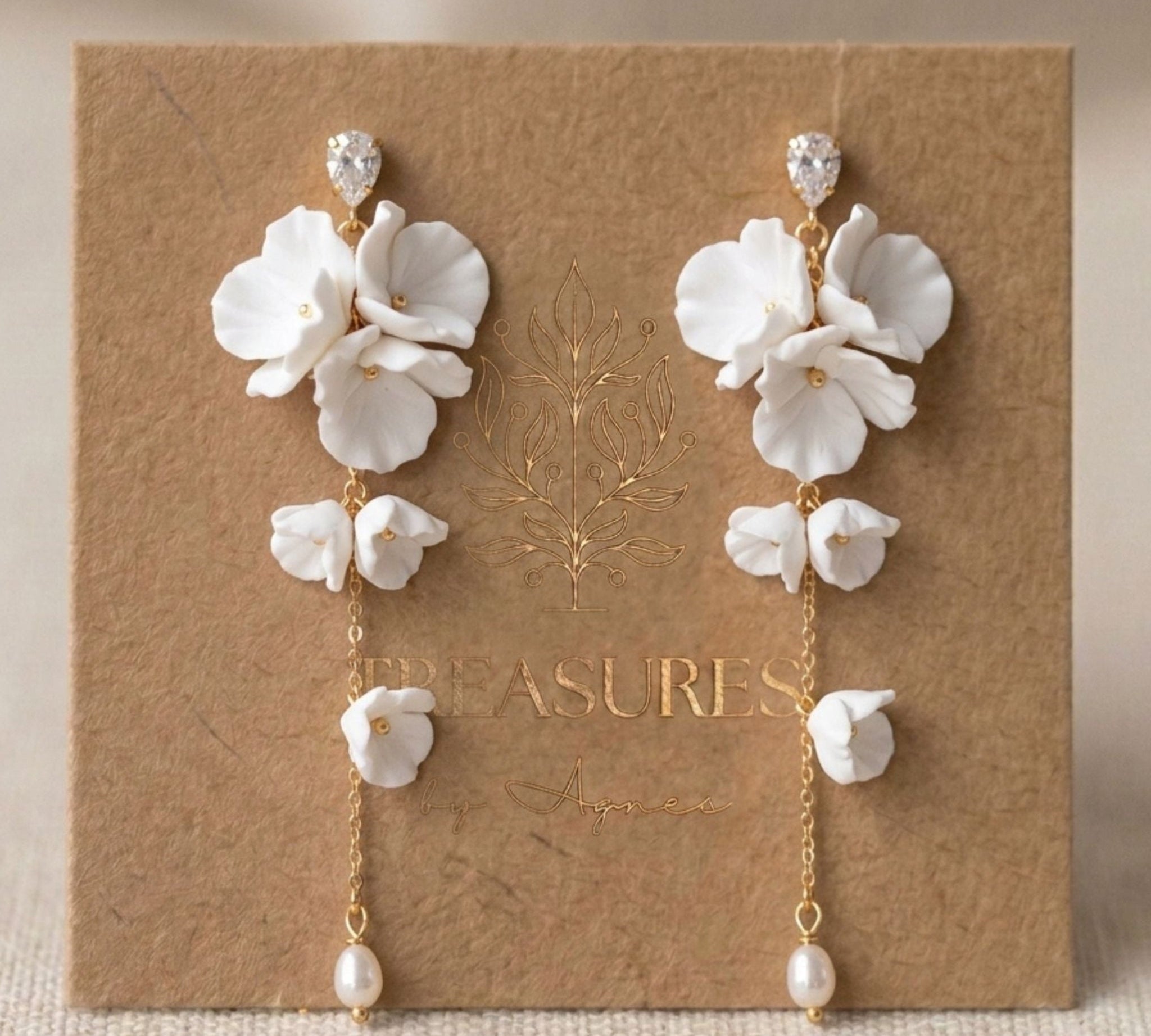 Meadow Gold Floral Pearl Statement Bridal Earrings - Treasures by Agnes