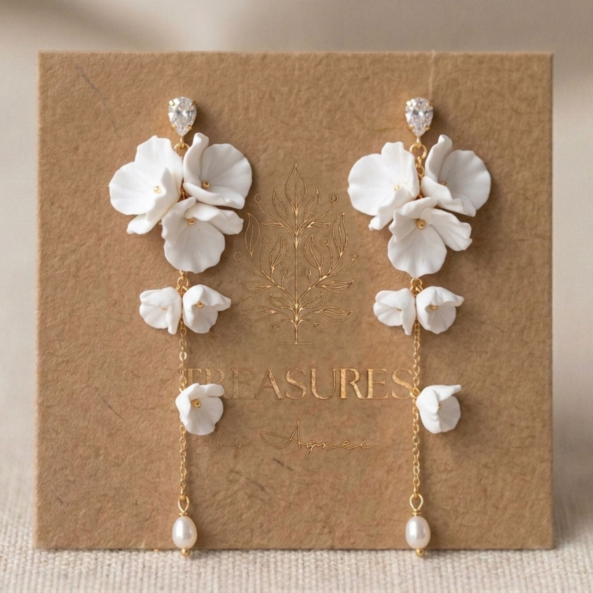Meadow Gold Floral Pearl Statement Bridal Earrings - Treasures by Agnes