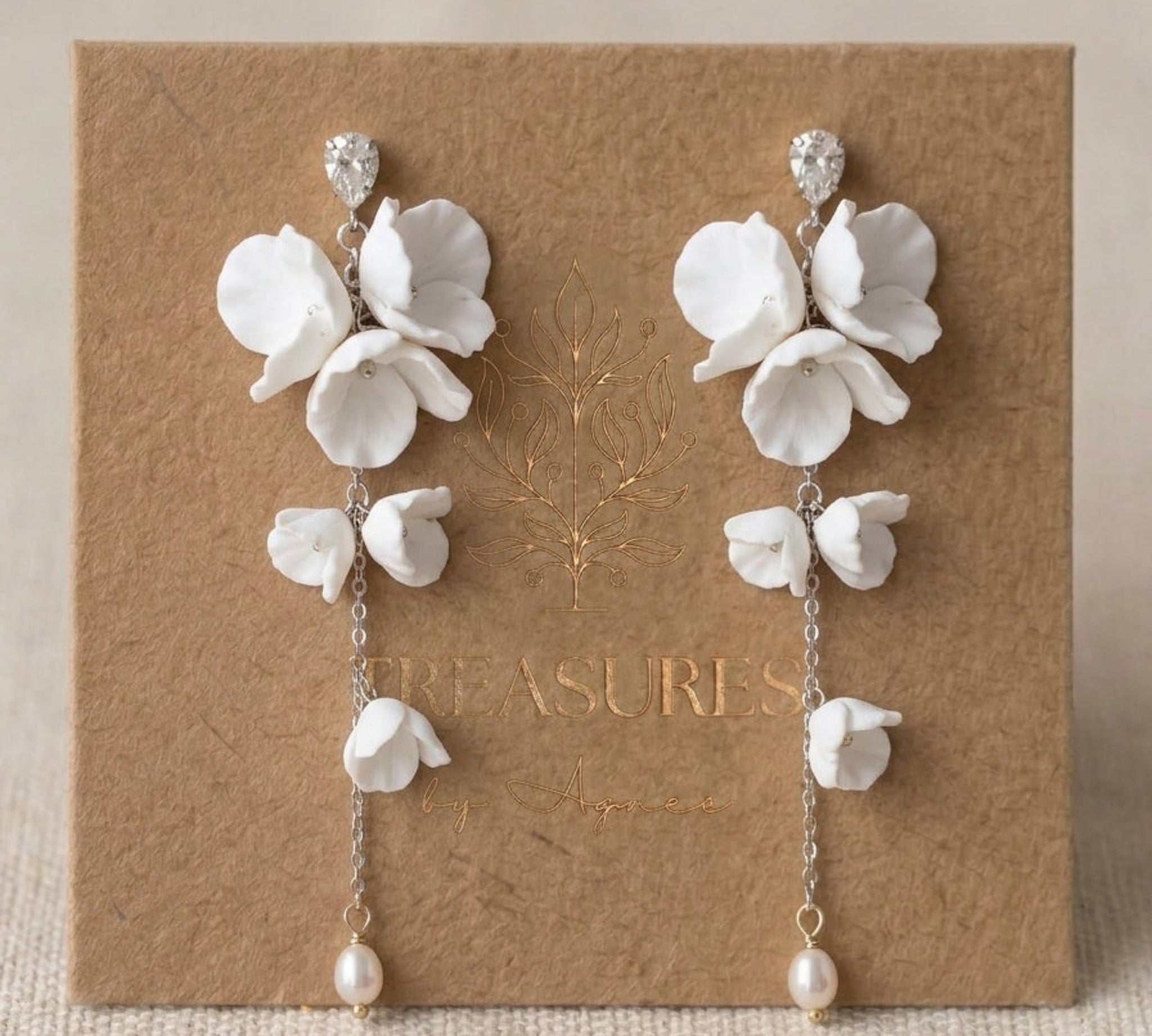 Meadow Gold Floral Pearl Statement Bridal Earrings - Treasures by Agnes