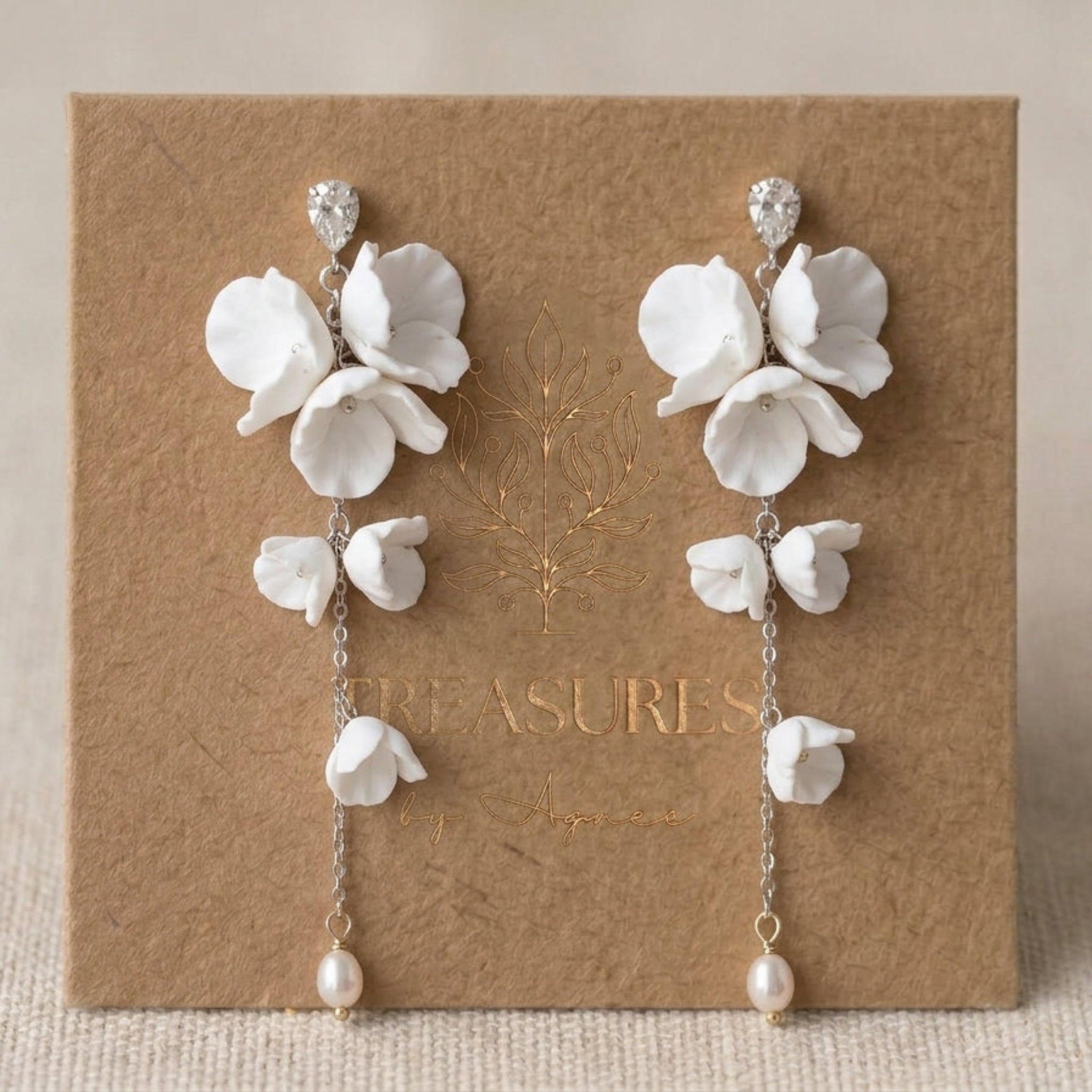 Meadow Gold Floral Pearl Statement Bridal Earrings - Treasures by Agnes