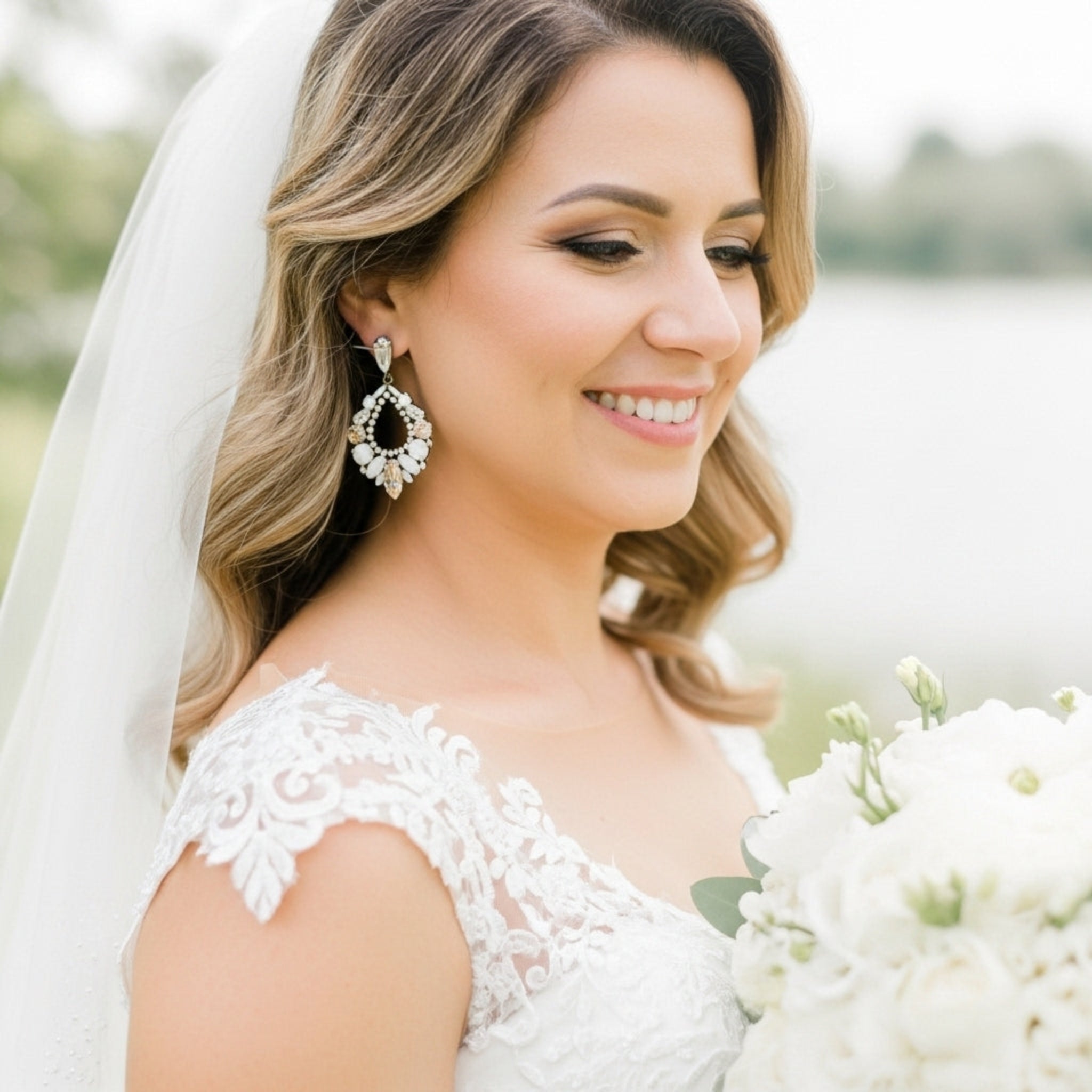 Quinn Bridal Earrings – White Opal & Golden Shadow Teardrop Crystal Earrings - Treasures by Agnes