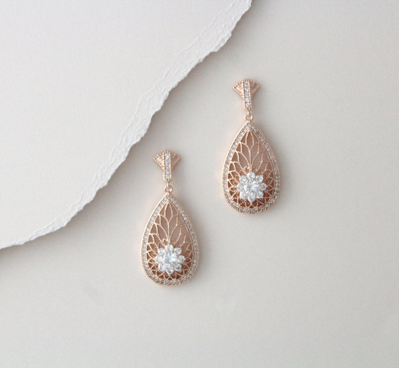 Rose gold Art Deco simulated diamond earrings - CYNTHIA - Treasures by Agnes