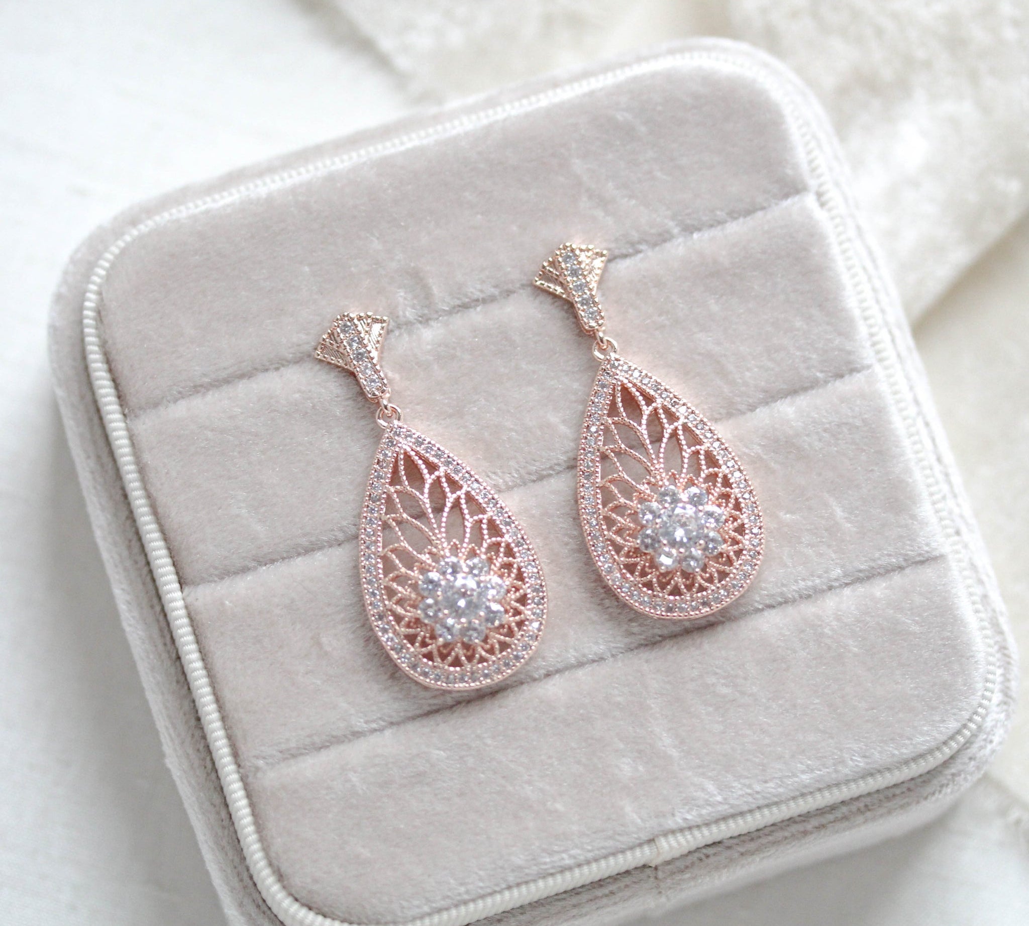 Rose gold Art Deco simulated diamond earrings - CYNTHIA - Treasures by Agnes