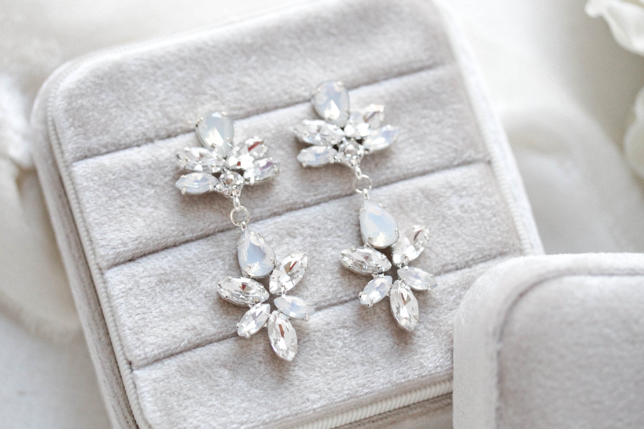 Rose gold bridal earrings with white opal crystals - Bridgette - Treasures by Agnes