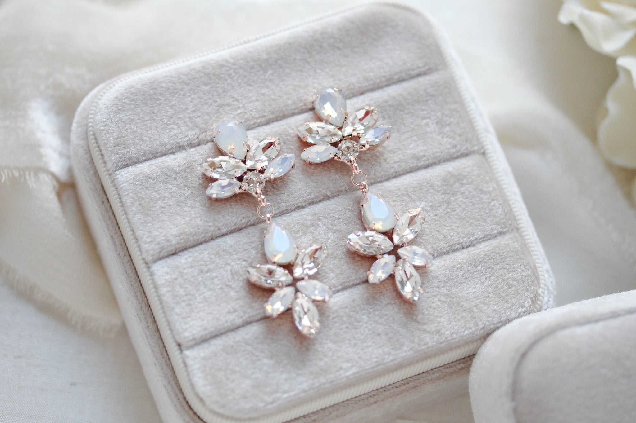 Rose gold bridal earrings with white opal crystals - Bridgette - Treasures by Agnes