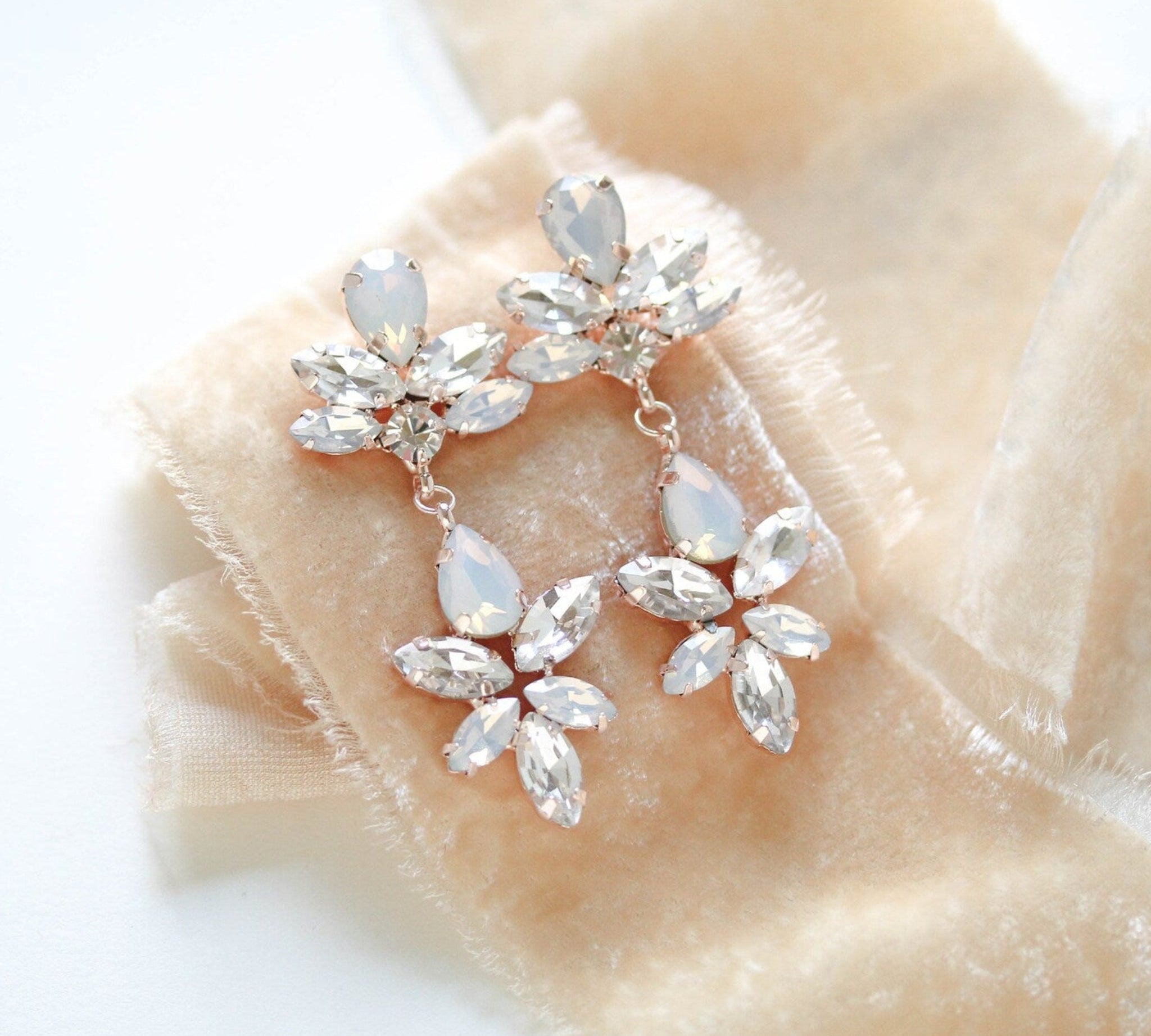Rose gold bridal earrings with white opal crystals - Bridgette - Treasures by Agnes