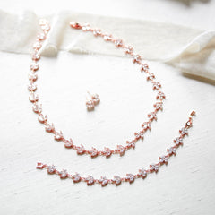 Lauren 3 Piece Rose Gold Jewelry Set – handcrafted leaf-design necklace, bracelet, and stud earrings with cubic zirconia stones by Treasures by Agnes