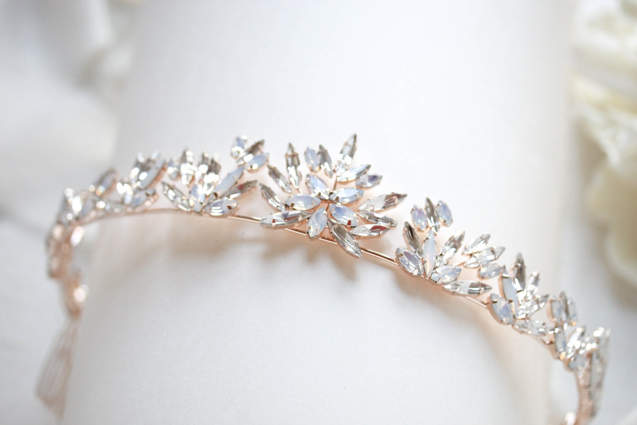 Rose gold bridal tiara with white opal crystals - BRIDGETTE - Treasures by Agnes