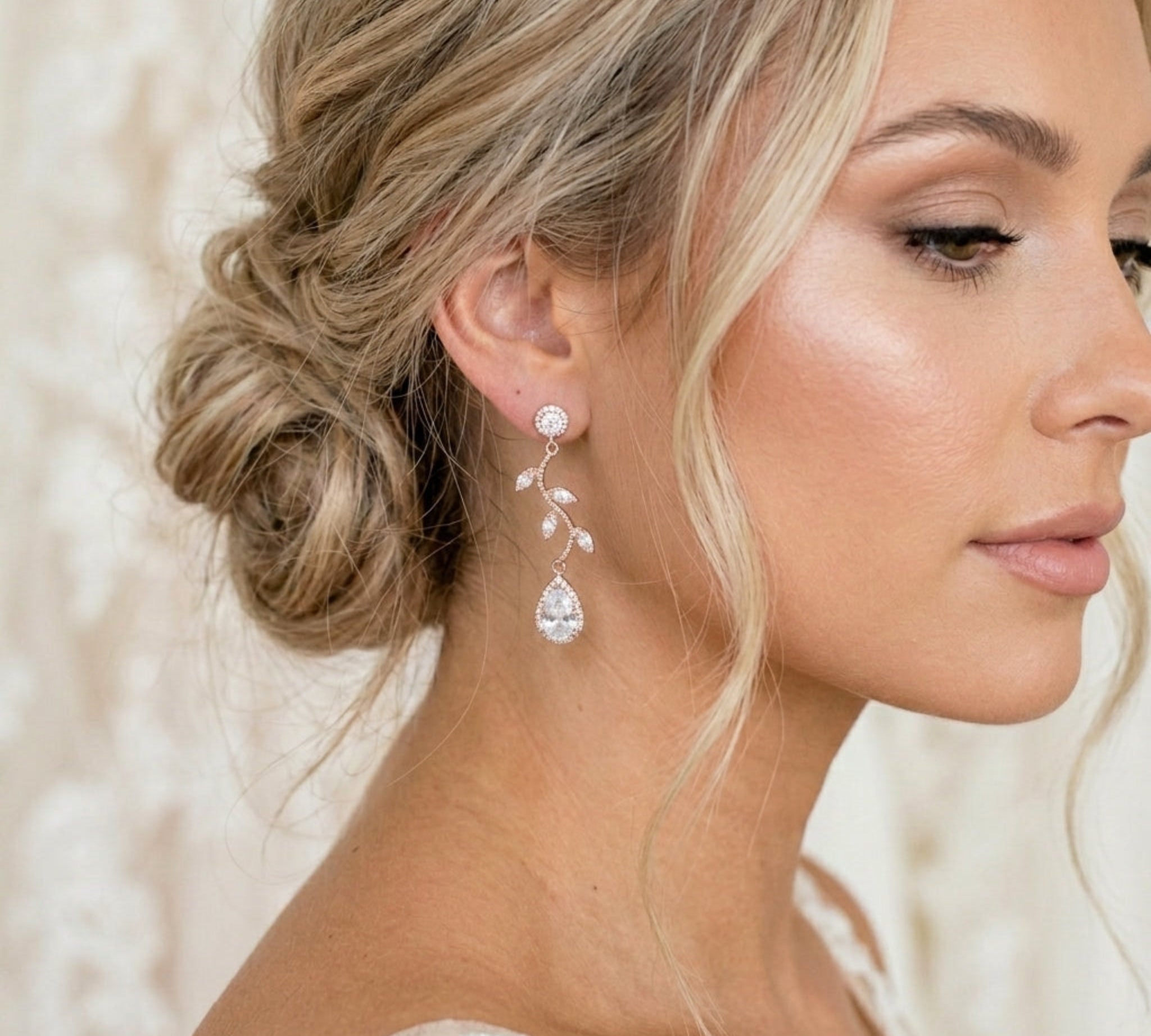Rylie Rose gold Bridal Cubic Zirconia Earrings | Teardrop Wedding Drop Earrings - Treasures by Agnes