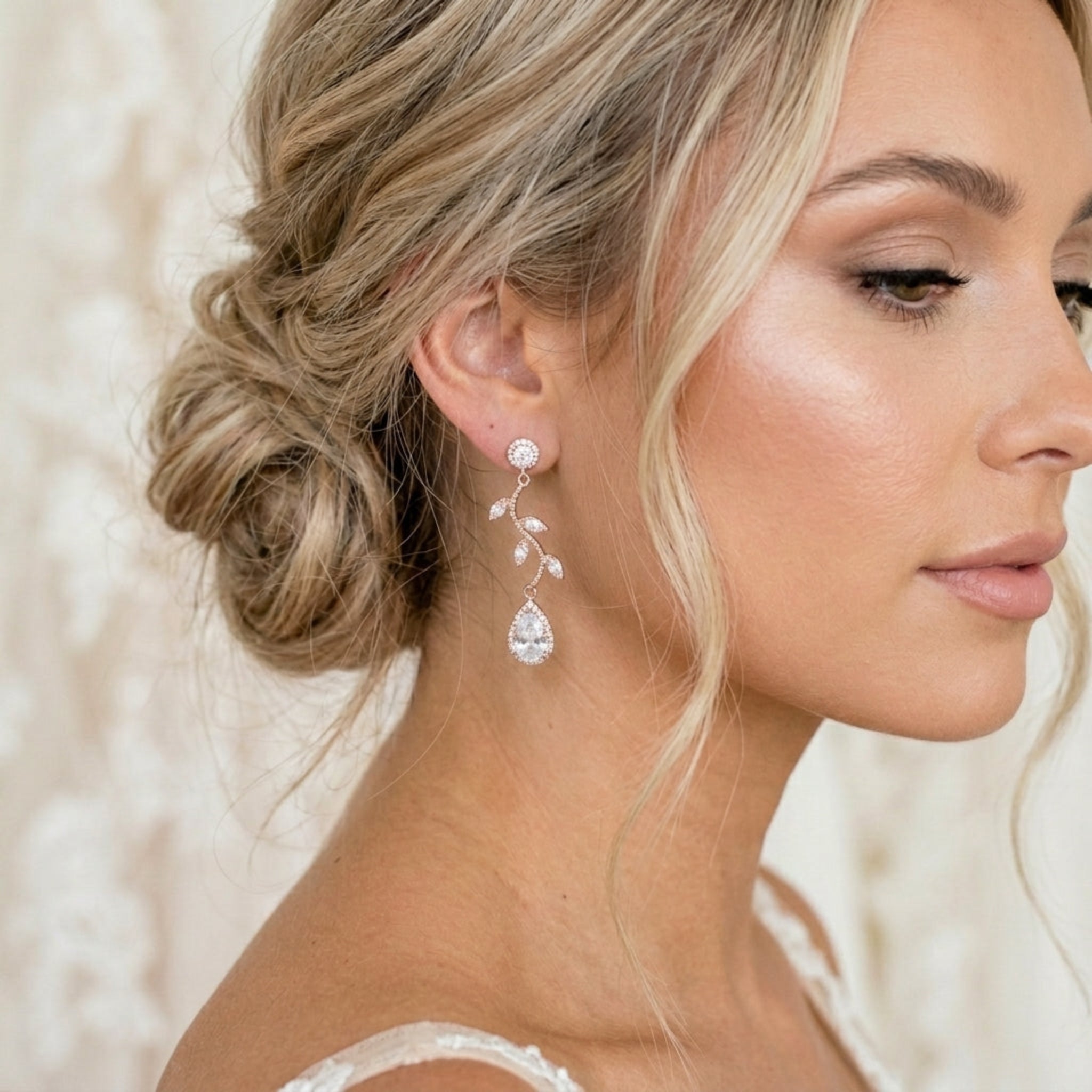 Rylie Rose gold Bridal Cubic Zirconia Earrings | Teardrop Wedding Drop Earrings - Treasures by Agnes