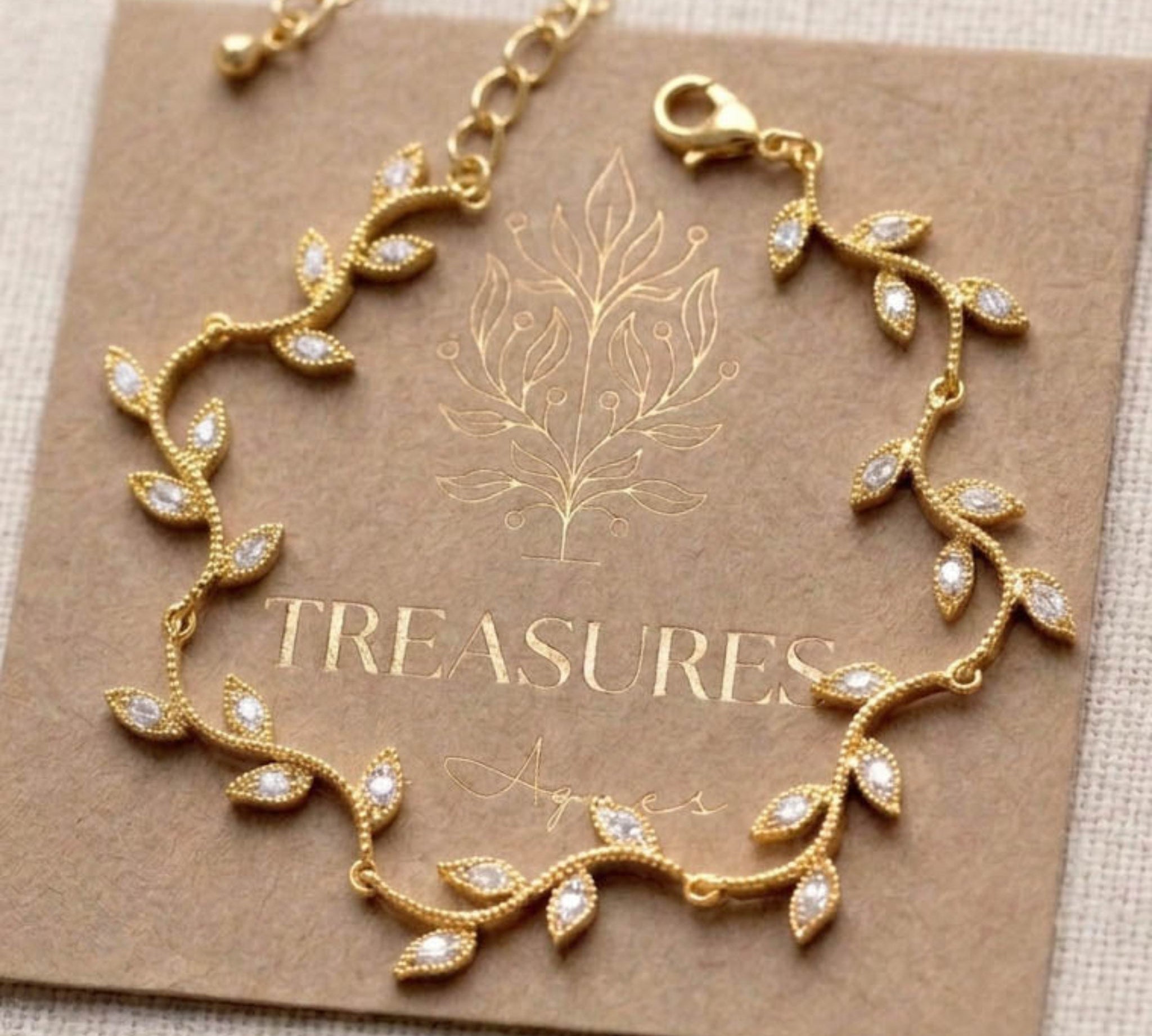 Rylie Rose Gold CZ Leaf Bridal Bracelet - Treasures by Agnes
