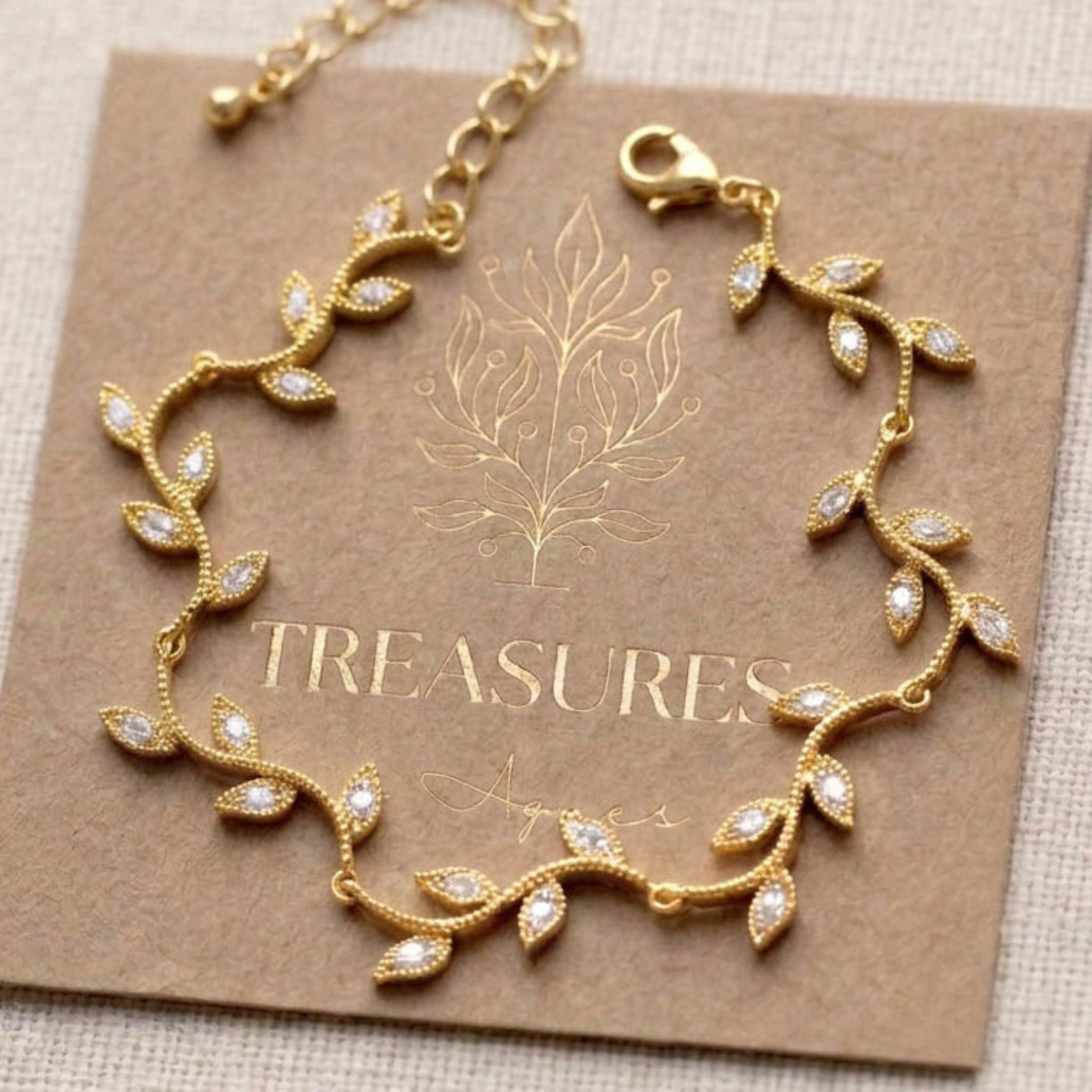 Rylie Rose Gold CZ Leaf Bridal Bracelet - Treasures by Agnes