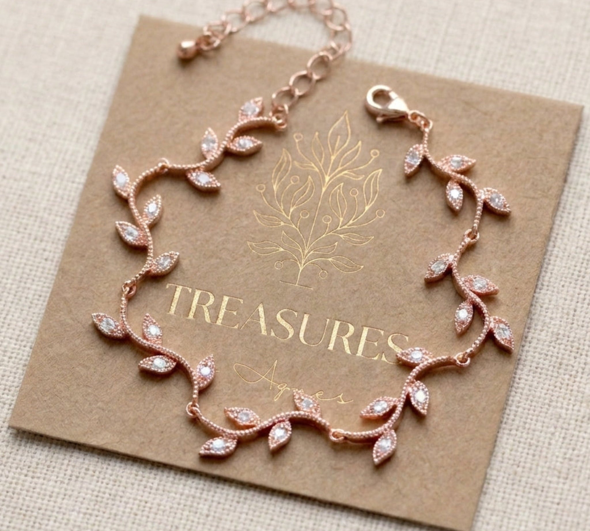 Rylie Rose Gold CZ Leaf Bridal Bracelet - Treasures by Agnes