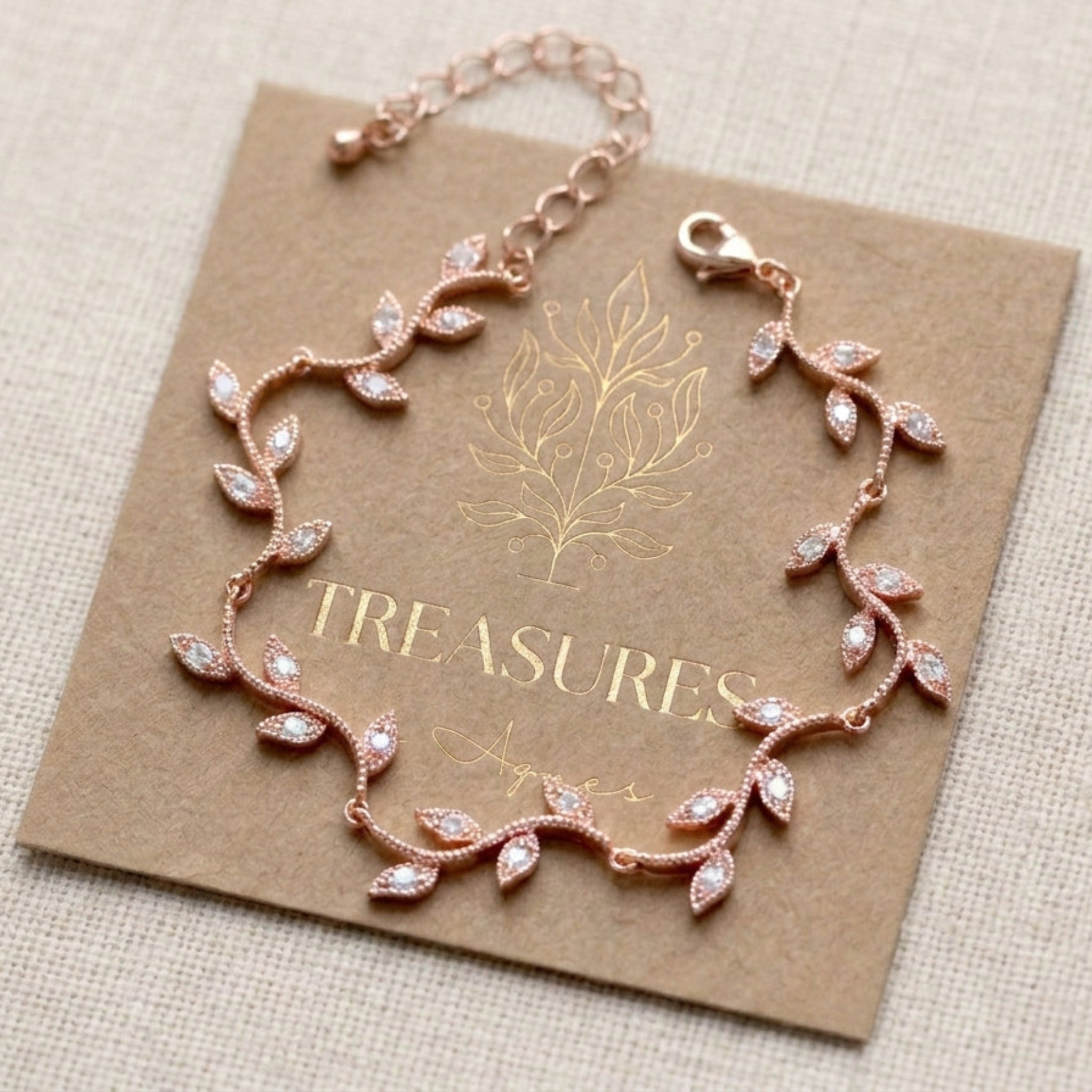 Rylie Rose Gold CZ Leaf Bridal Bracelet - Treasures by Agnes