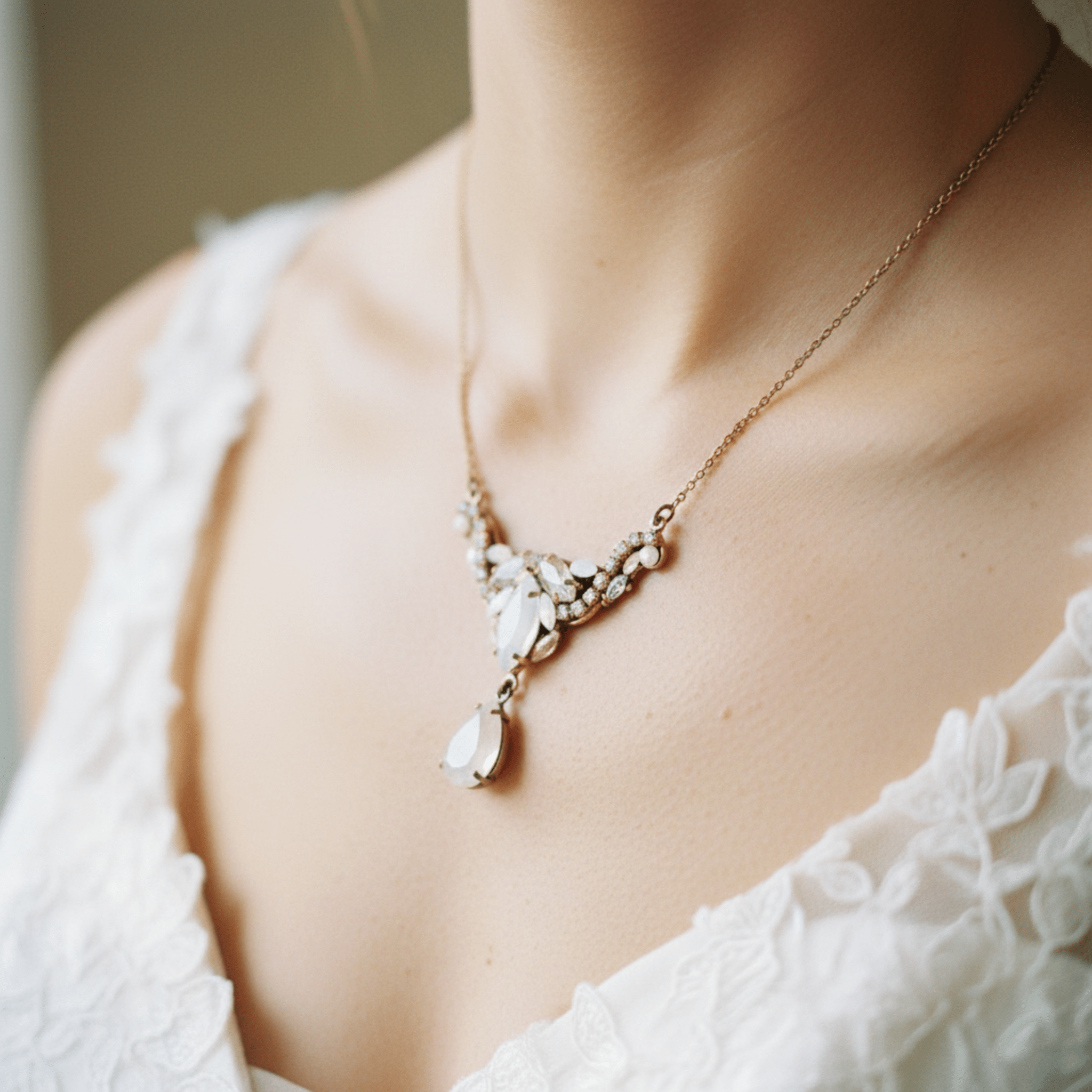 Sarah Bridal Necklace – White Opal & Golden Shadow Austrian Crystals - Treasures by Agnes