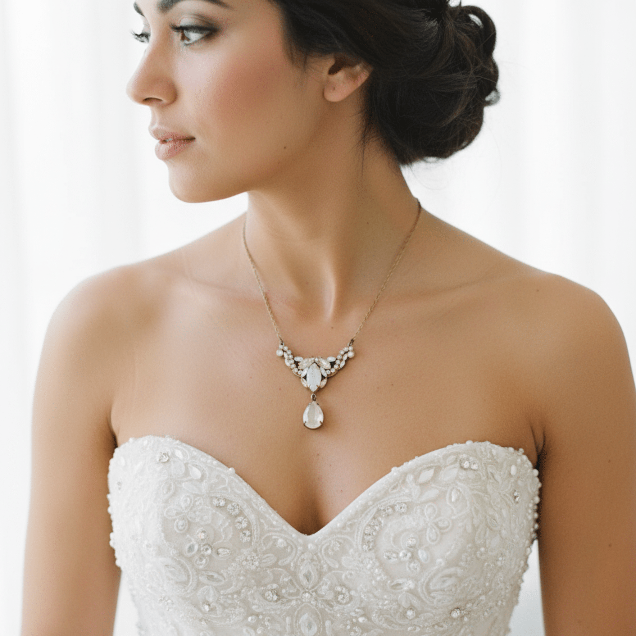 Sarah Bridal Necklace – White Opal & Golden Shadow Austrian Crystals - Treasures by Agnes