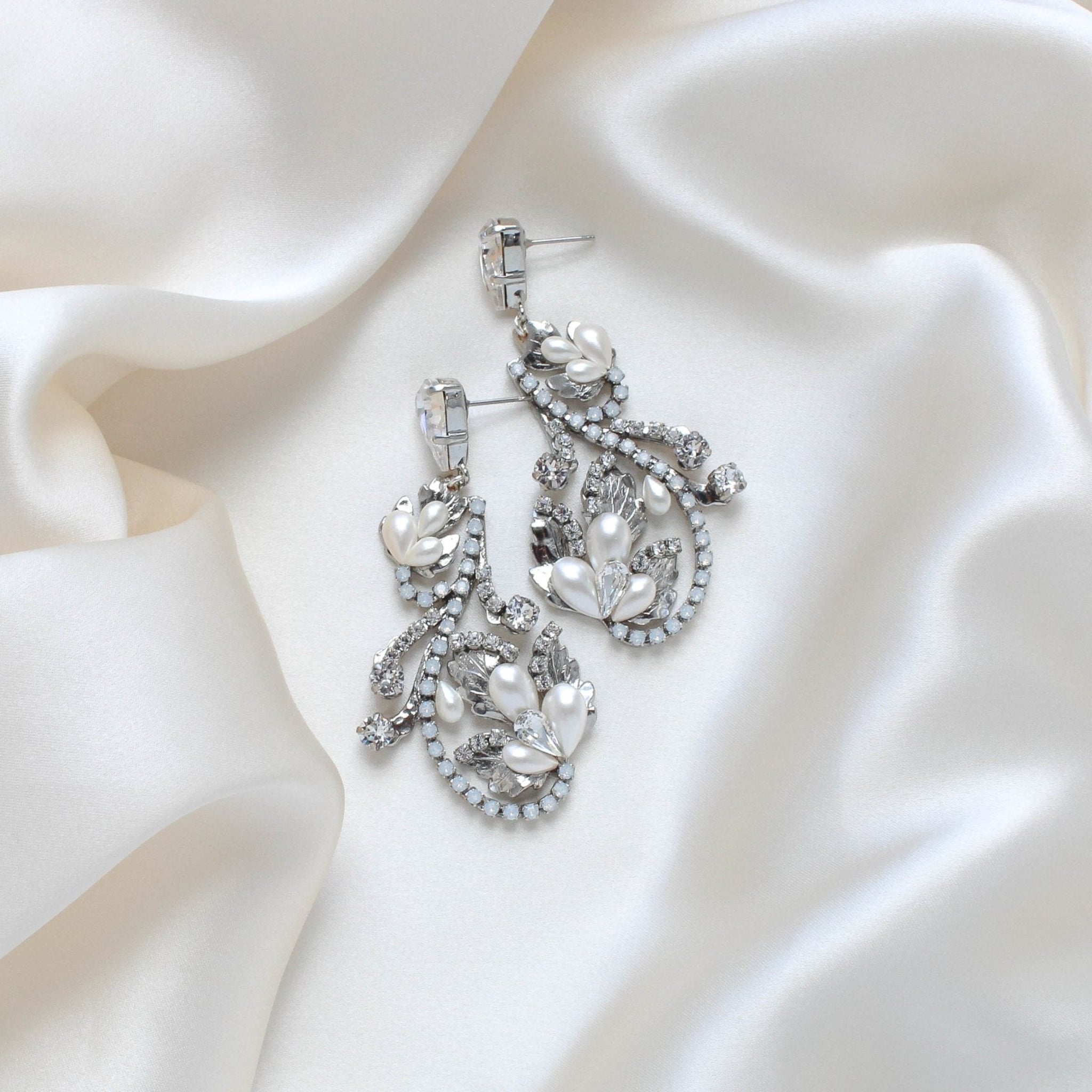 Silver Floral Bridal earrings with white opal crystals - LISA - Treasures by Agnes