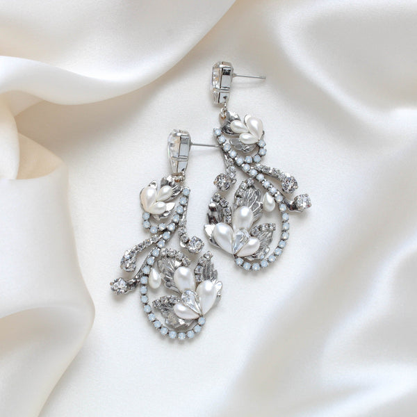 Silver Floral Bridal earrings with white opal crystals - LISA - Treasures by Agnes