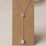 Emma silver CZ lariat wedding necklace featuring a delicate Y-chain and sparkling teardrop CZ drop.