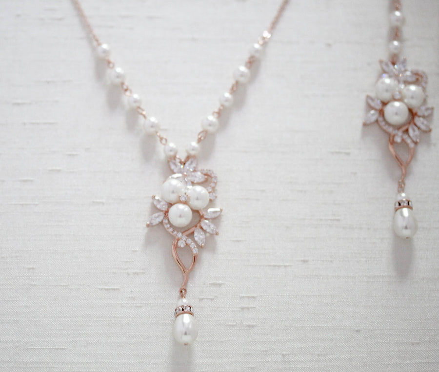Rose gold pearl and crystal Bridal backdrop necklace - MIA - Treasures by Agnes