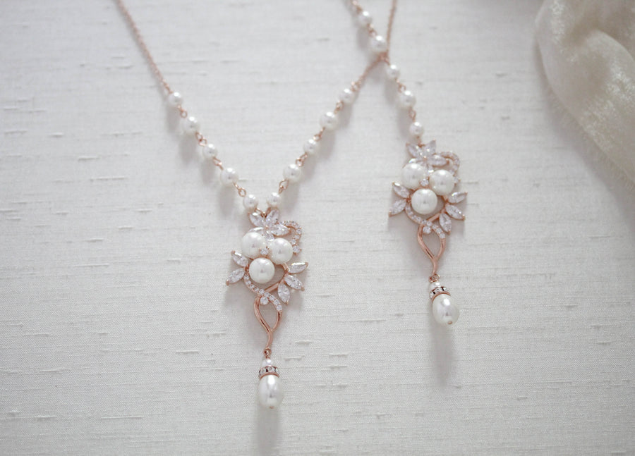 Rose gold pearl and crystal Bridal backdrop necklace - MIA - Treasures by Agnes