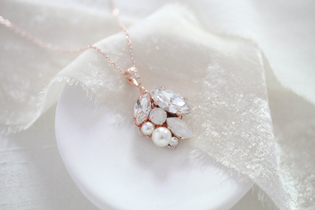 Simple white opal crystal and pearl Bridal necklace - BRIAR