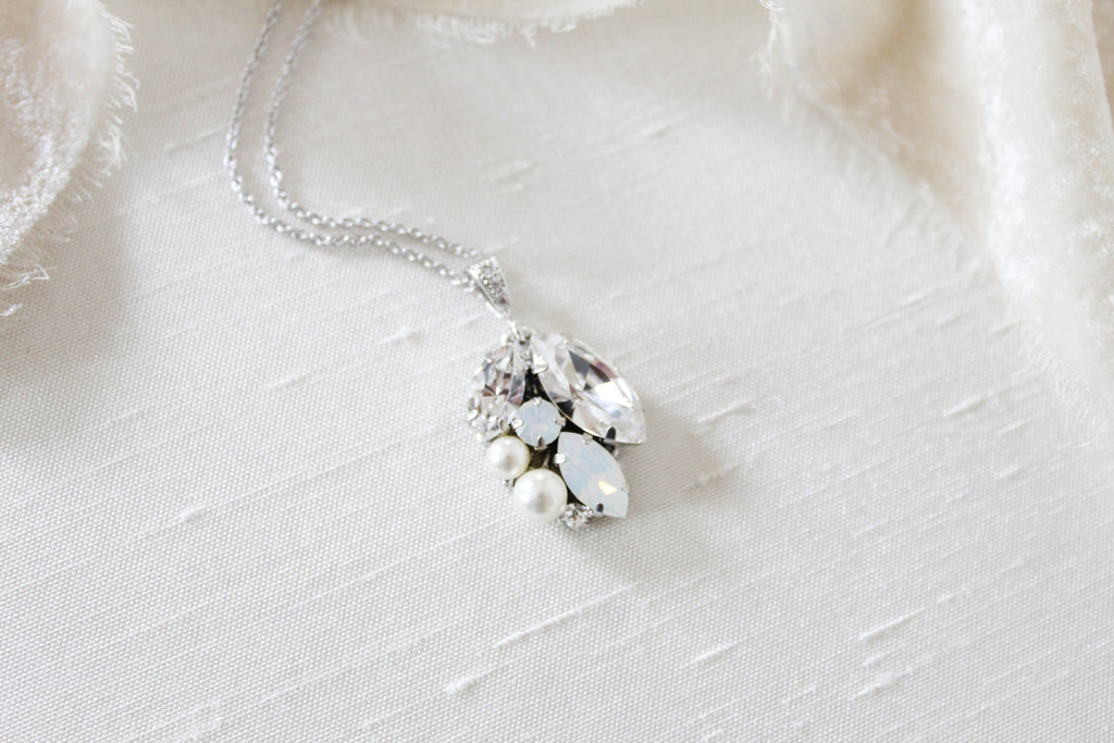 Simple white opal crystal and pearl Bridal necklace - BRIAR