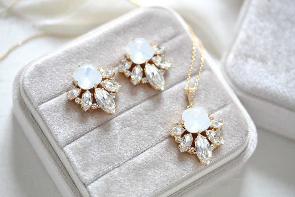 Gold crystal stud earrings and necklace set with white opal Swarovski crystal center stone - Treasures by Agnes